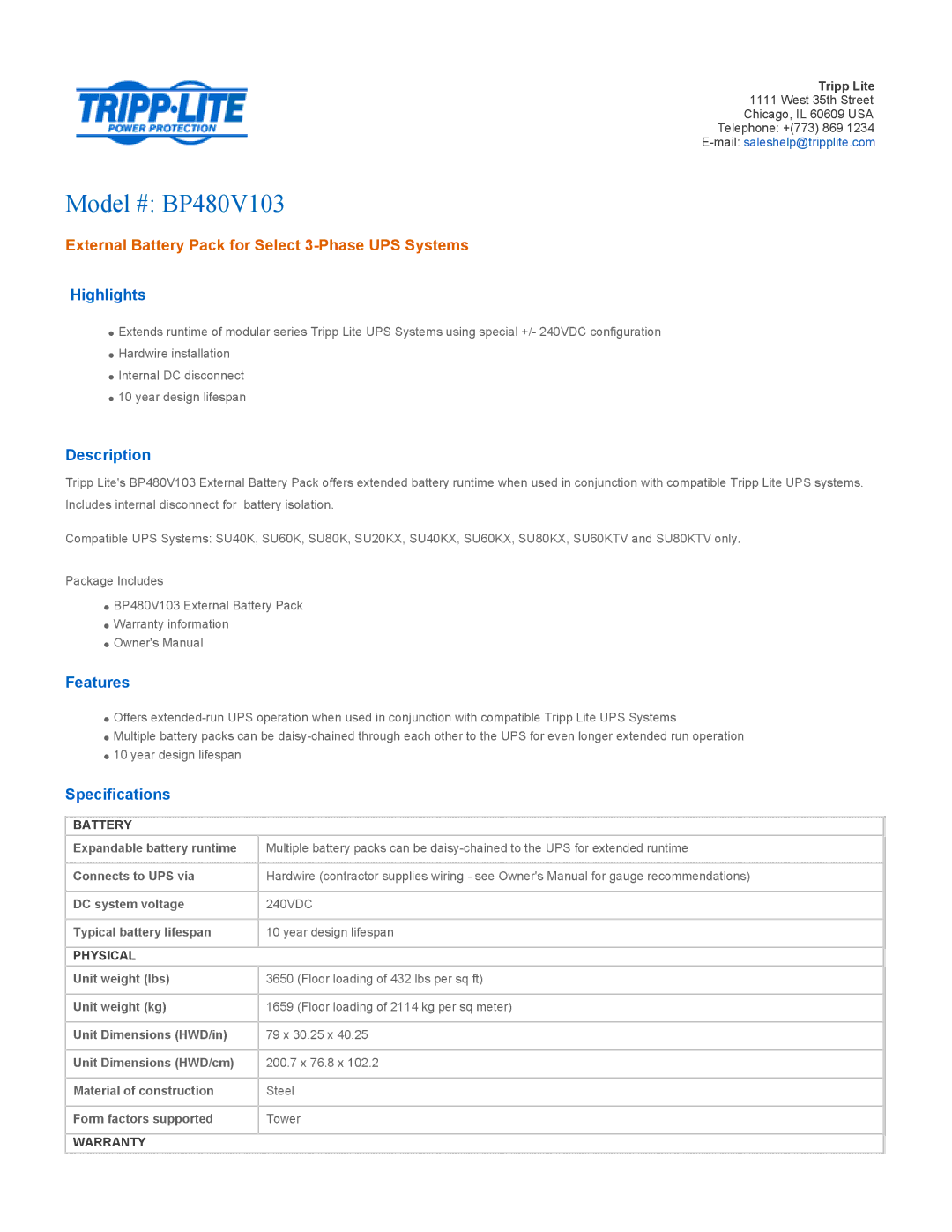 Tripp Lite specifications Model # BP480V103, External Battery Pack for Select 3-Phase UPS Systems 