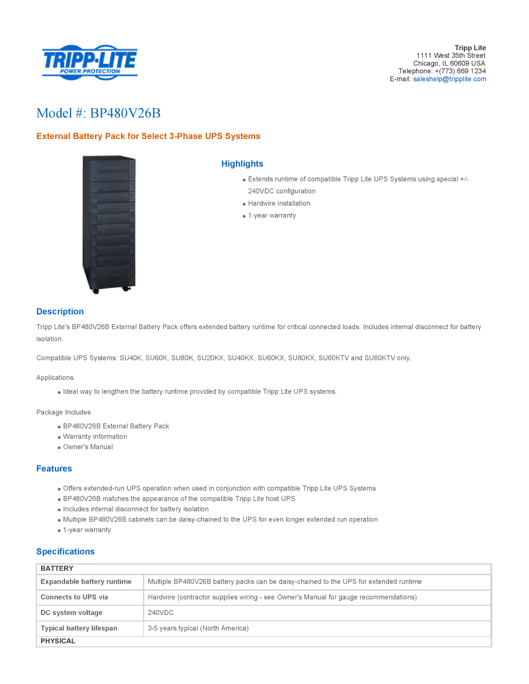 Tripp Lite specifications Model # BP480V26B, External Battery Pack for Select 3-Phase UPS Systems 