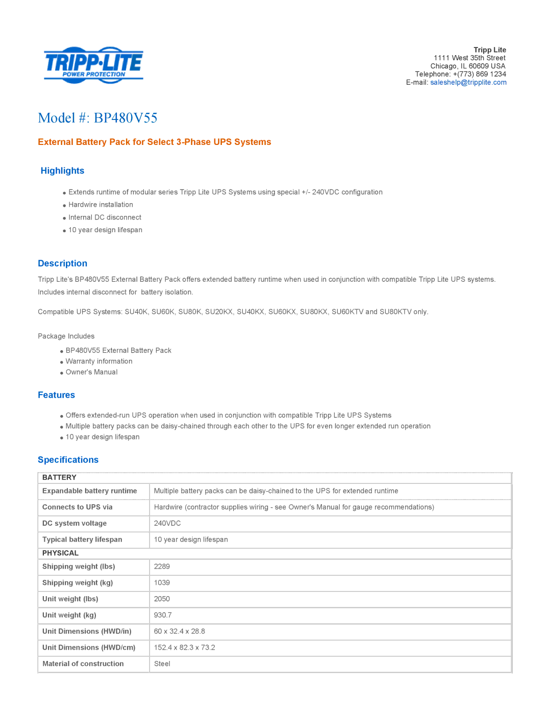 Tripp Lite specifications Model # BP480V55, External Battery Pack for Select 3-Phase UPS Systems 