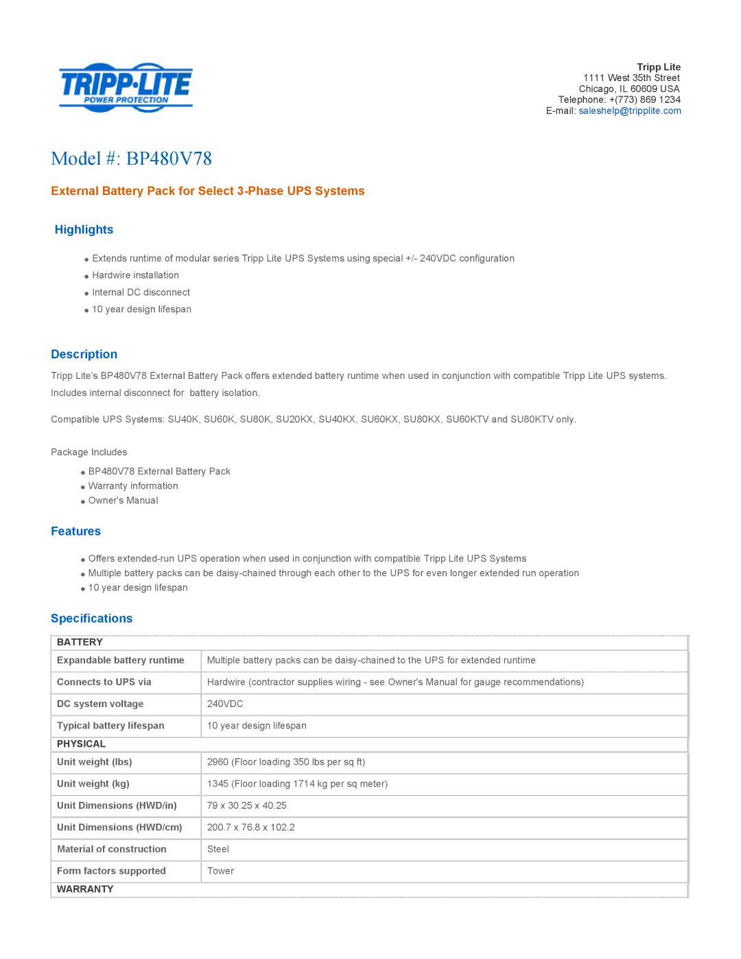 Tripp Lite specifications Model # BP480V78, External Battery Pack for Select 3-Phase UPS Systems 