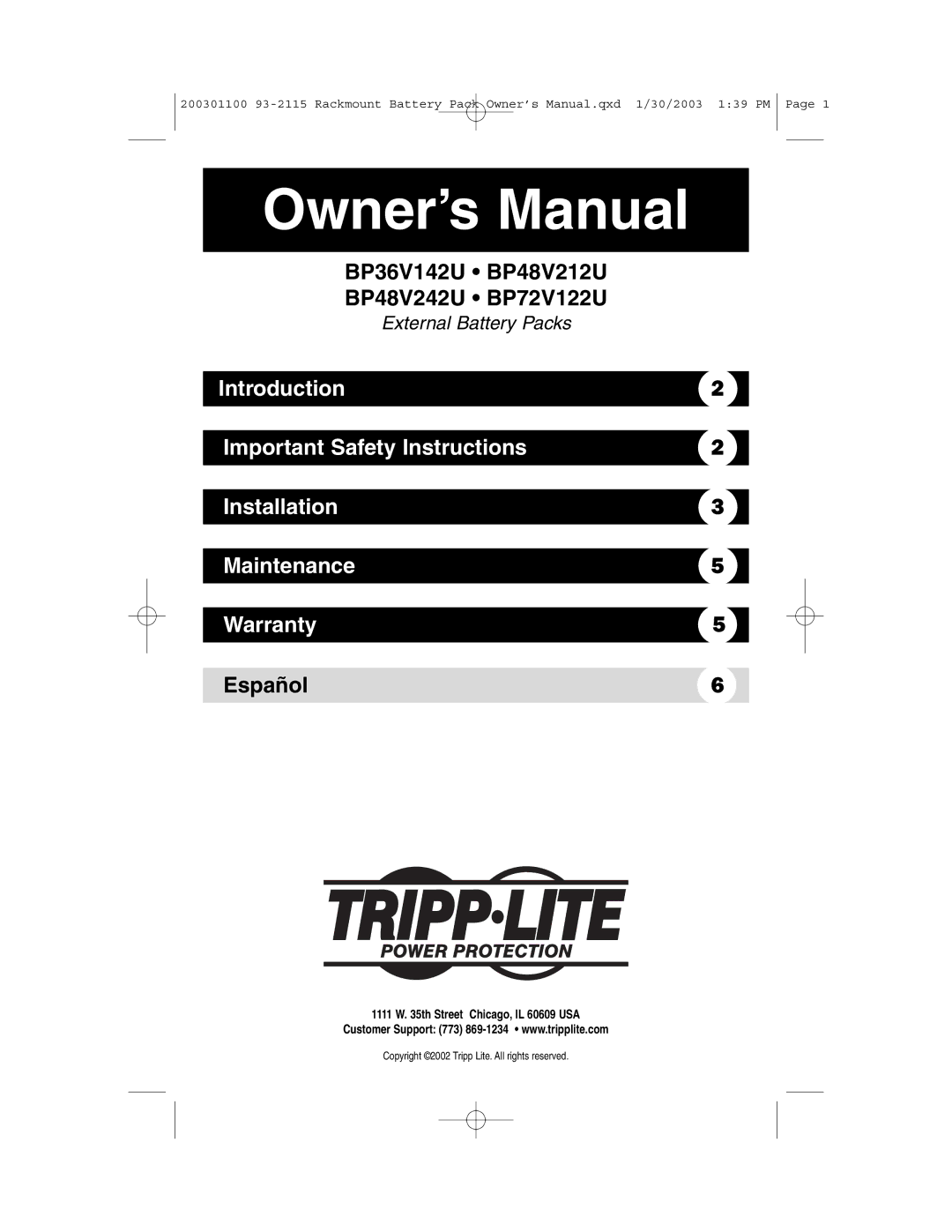 Tripp Lite owner manual BP36V142U BP48V212U BP48V242U BP72V122U 