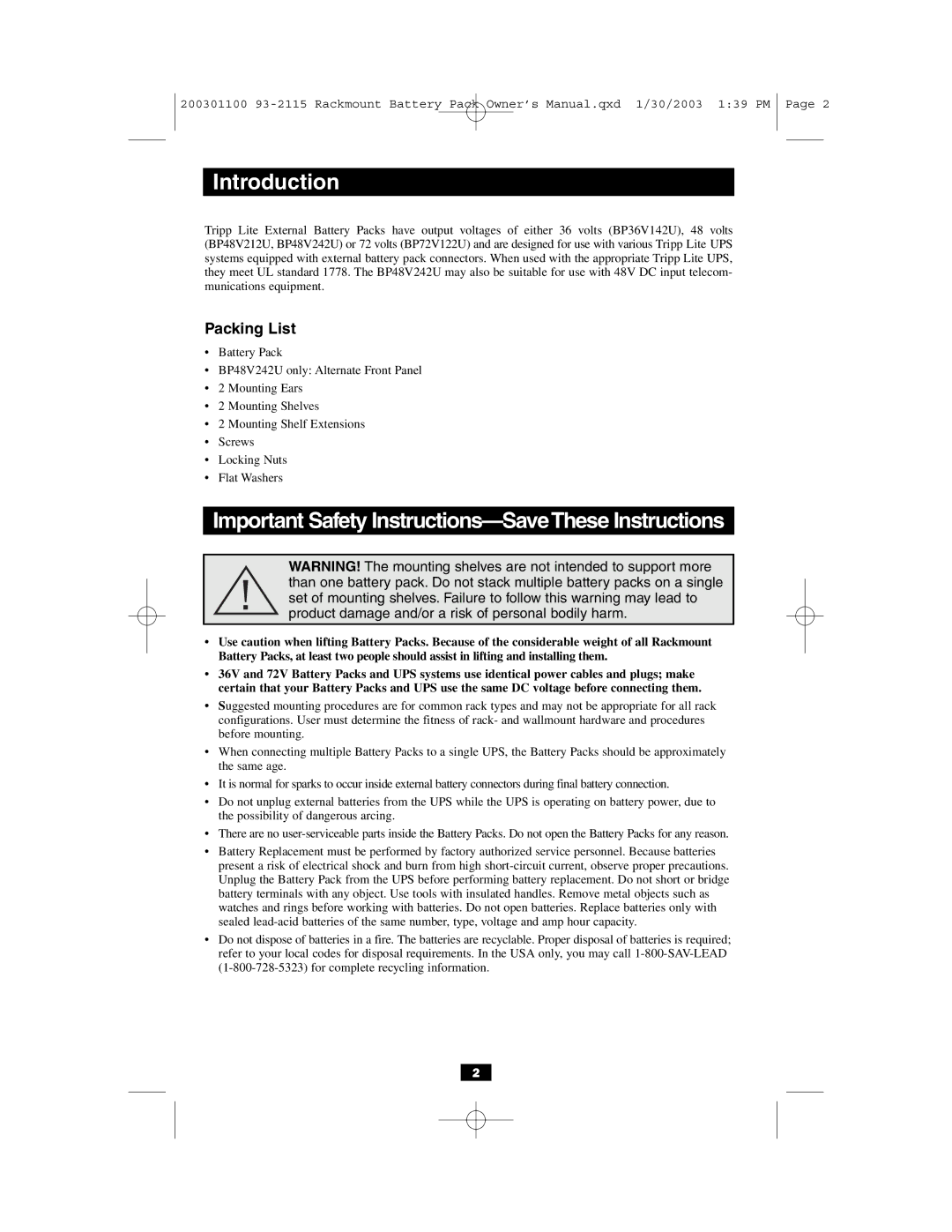 Tripp Lite BP48V212U owner manual Introduction, Packing List 