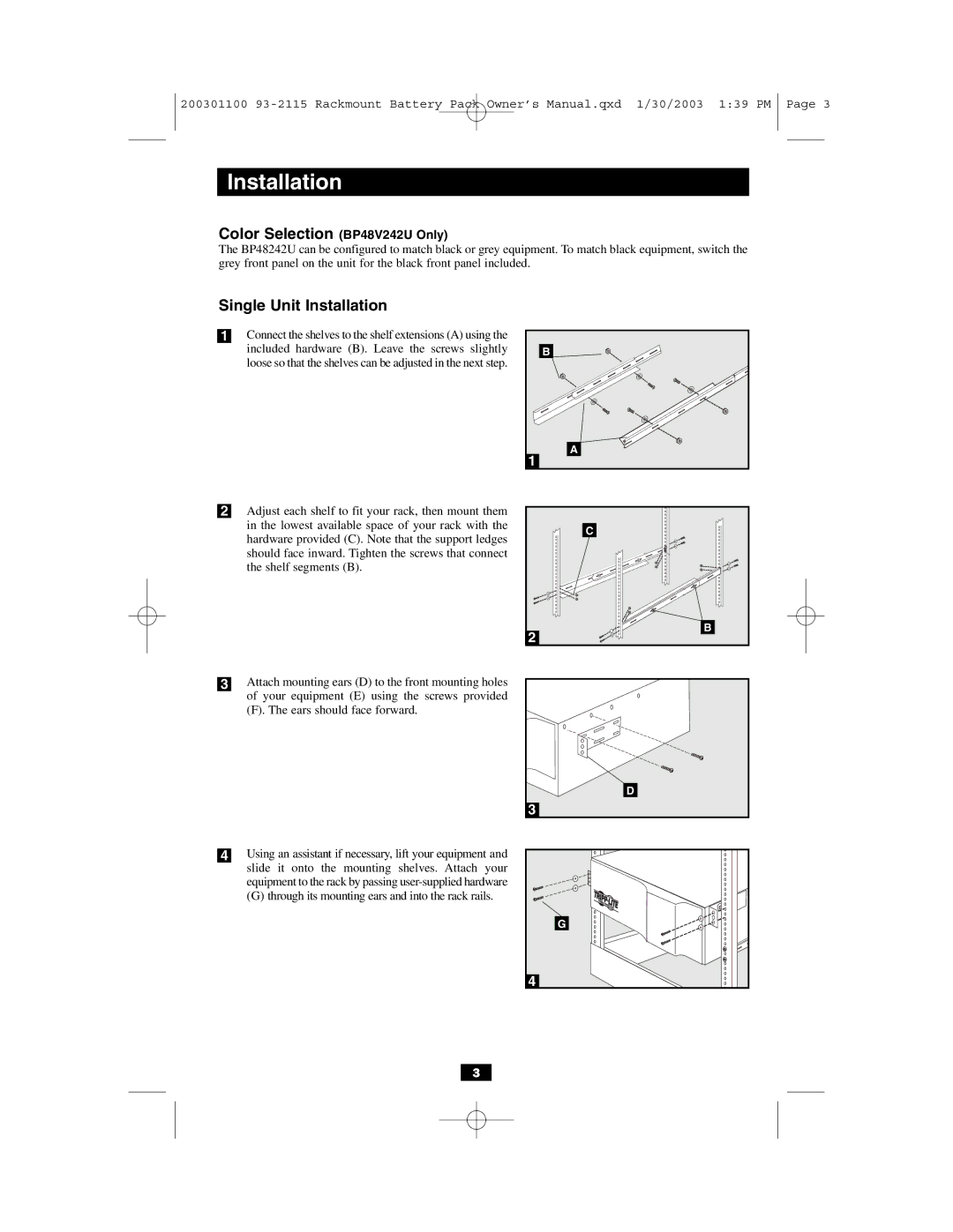 Tripp Lite BP48V212U owner manual Color Selection BP48V242U Only, Single Unit Installation 