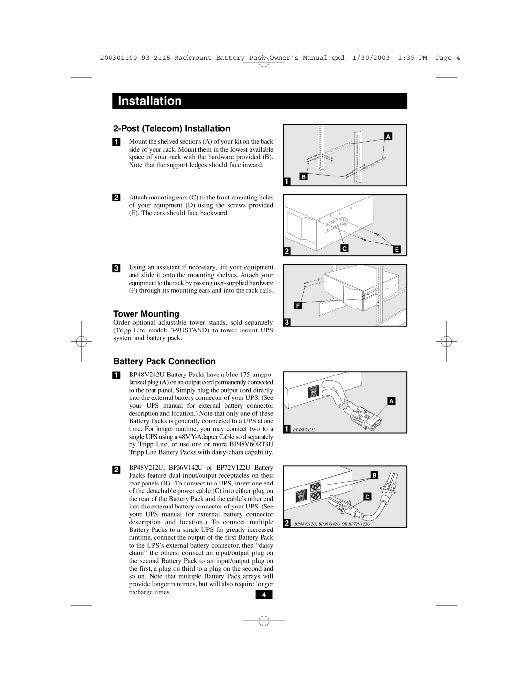 Tripp Lite BP48V212U owner manual Post Telecom Installation, Tower Mounting, Battery Pack Connection 