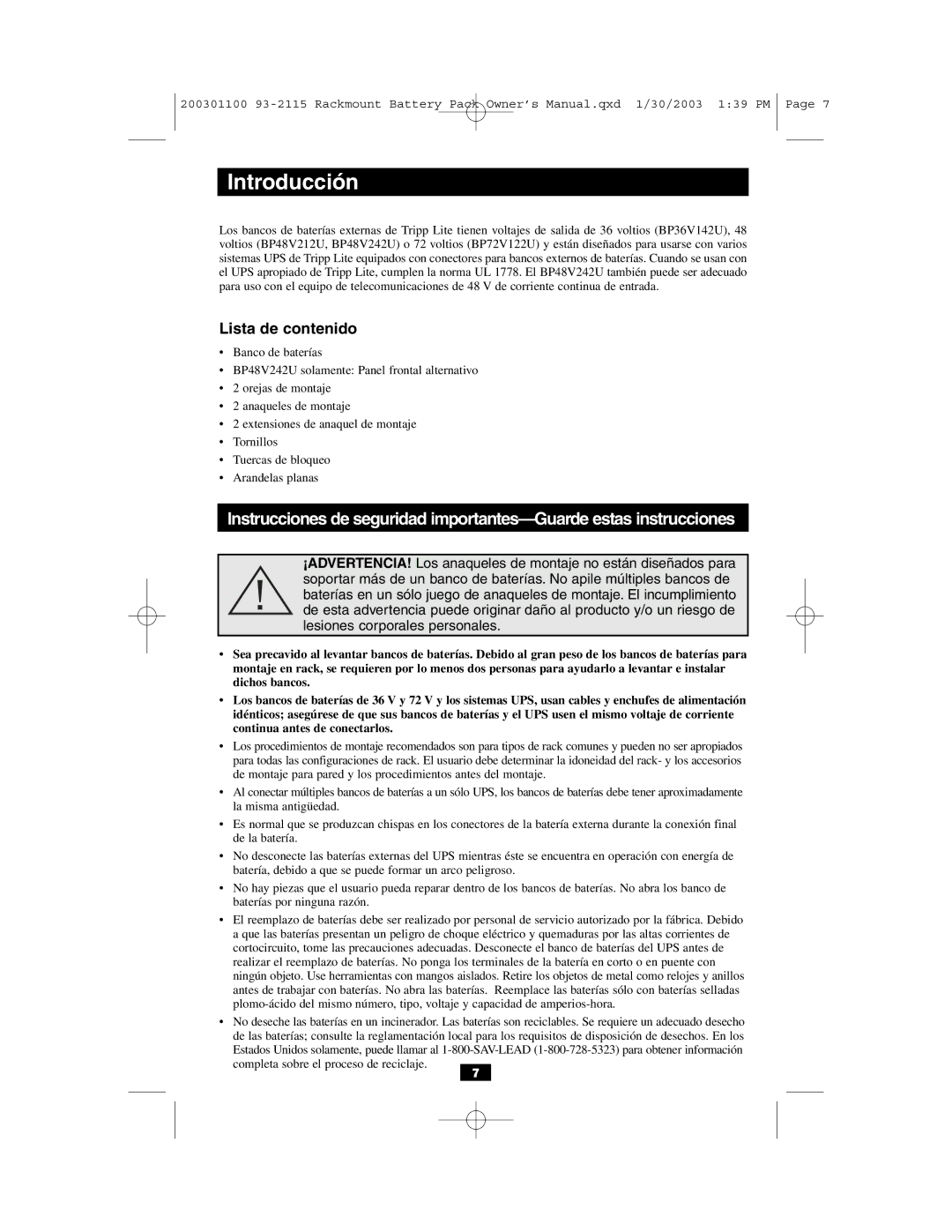 Tripp Lite BP48V212U owner manual Introducción, Lista de contenido 