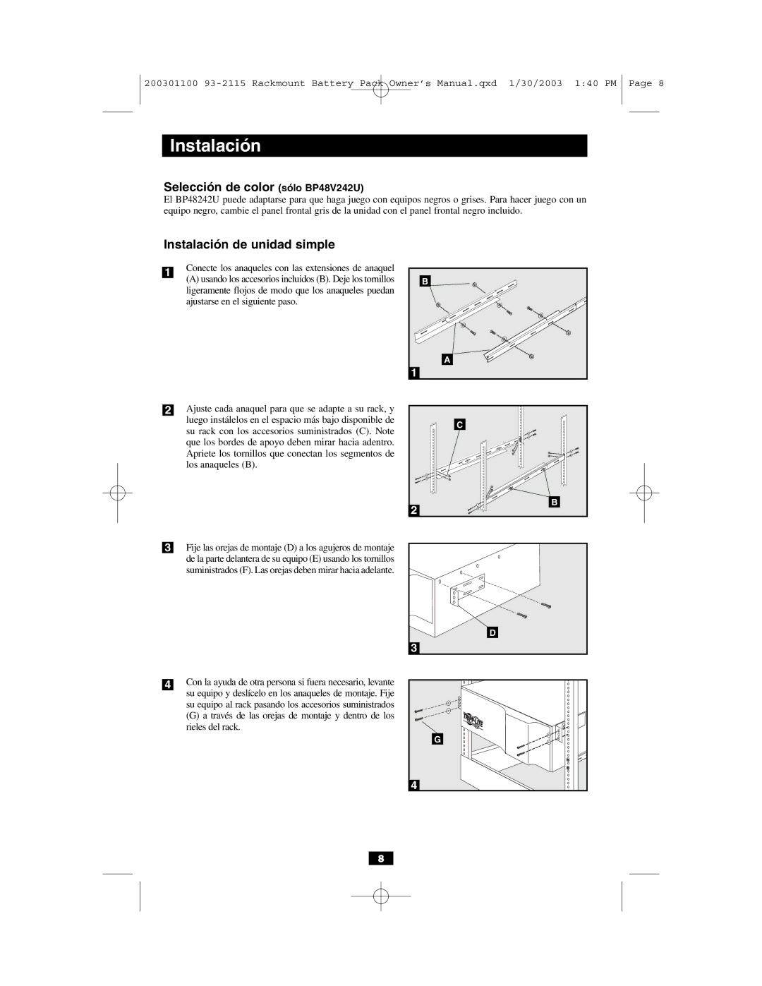 Tripp Lite BP48V212U owner manual Selección de color sólo BP48V242U, Instalación de unidad simple 