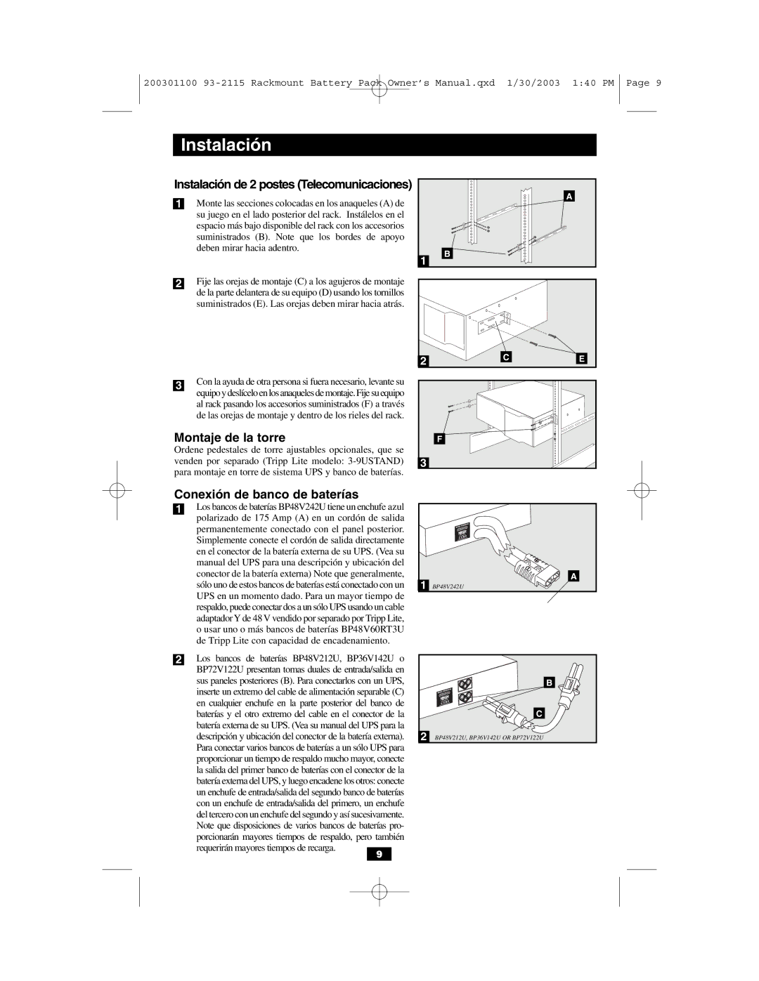 Tripp Lite BP48V212U owner manual Montaje de la torre, Conexión de banco de baterías 