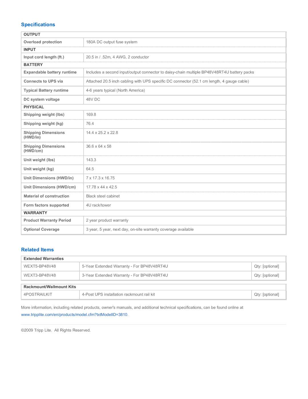 Tripp Lite BP48V48RT4U warranty Specifications, Related Items 