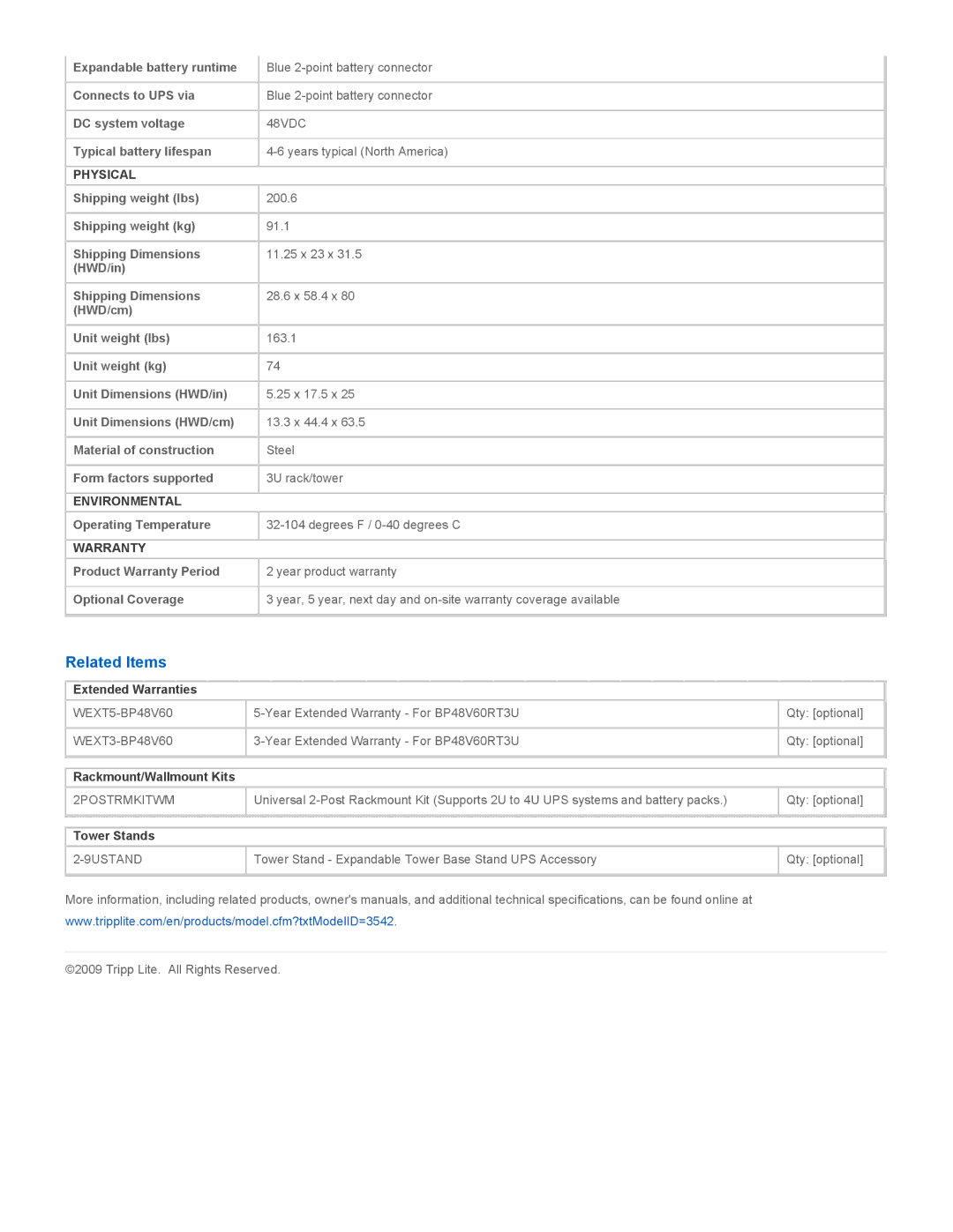 Tripp Lite BP48V60-3UNAFTA specifications Related Items, Physical, Environmental, Warranty 