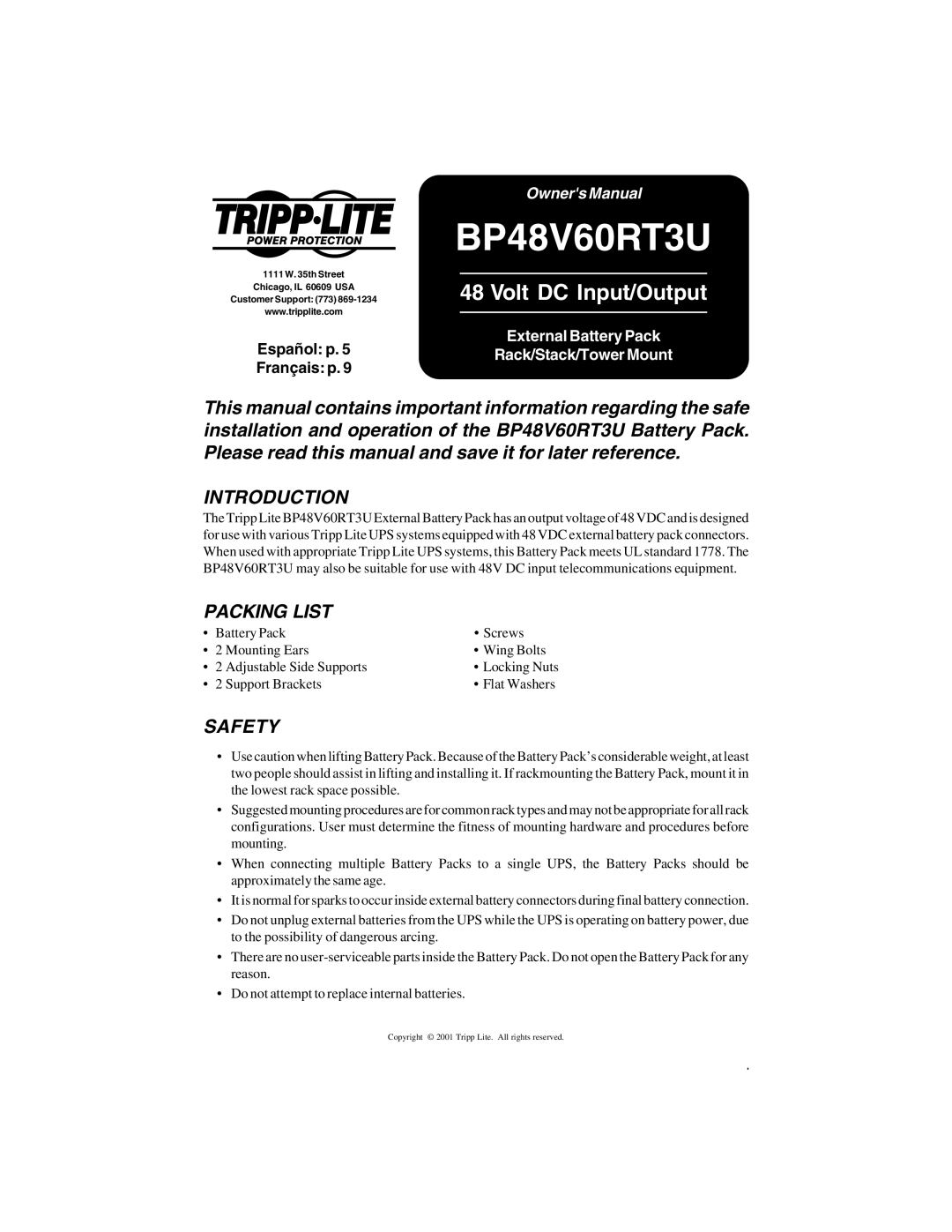 Tripp Lite BP48V60RT3U owner manual Introduction, Packing List, Safety 