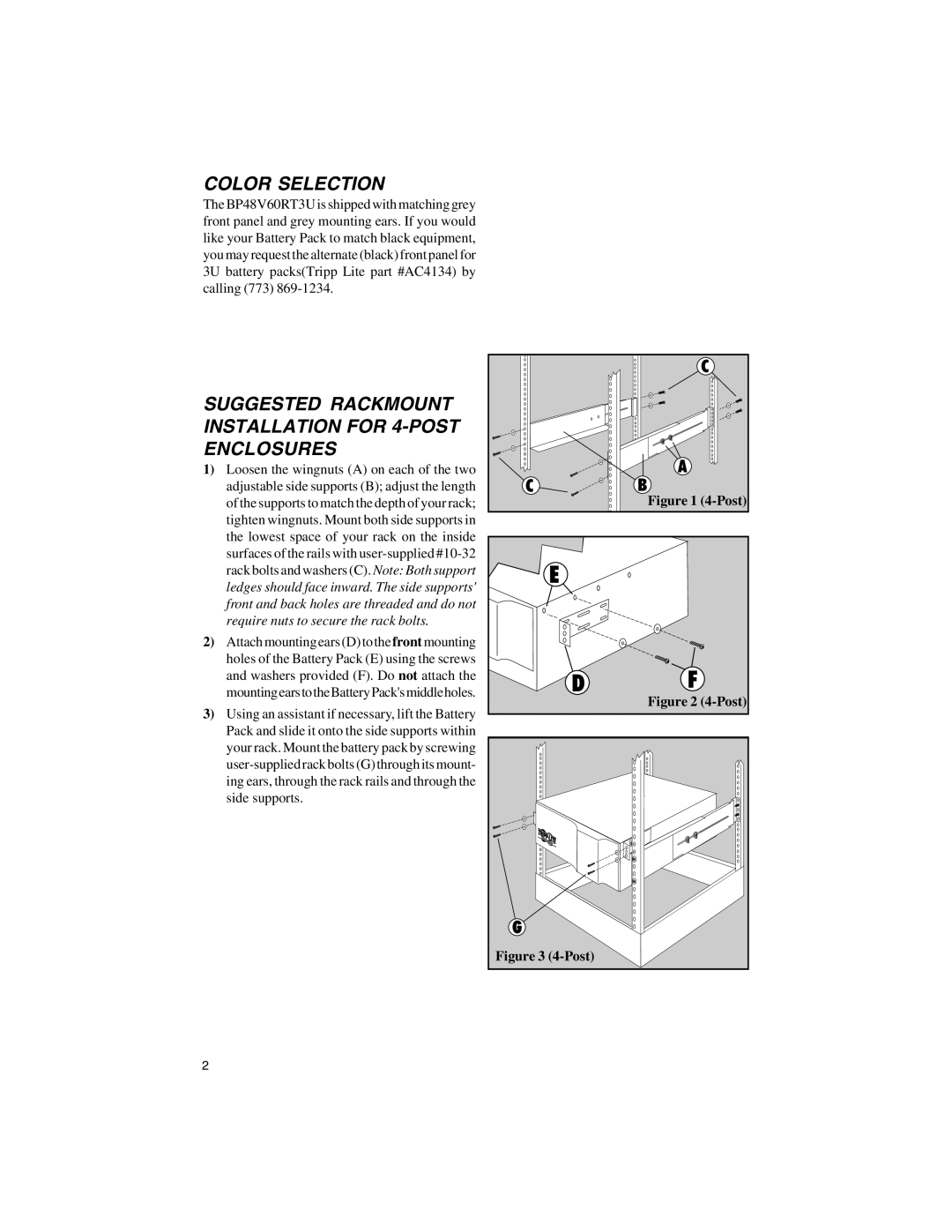 Tripp Lite BP48V60RT3U owner manual Color Selection, Suggested Rackmount Installation for 4-POST Enclosures 