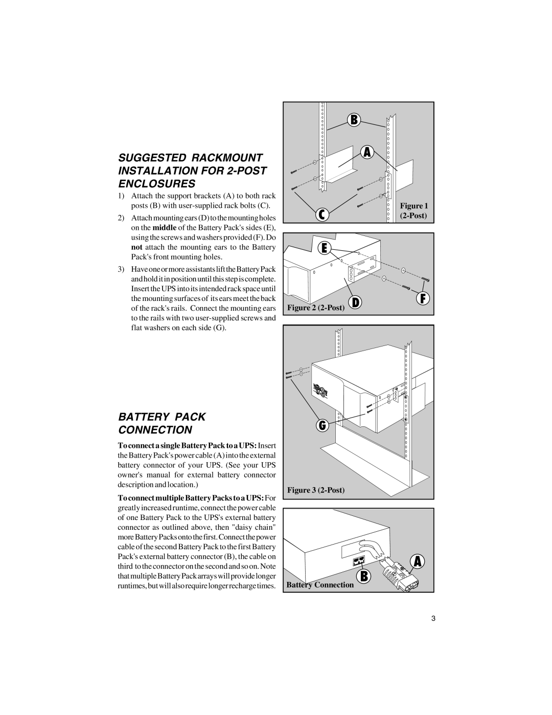 Tripp Lite BP48V60RT3U owner manual Suggested Rackmount Installation for 2-POST Enclosures, Battery Pack Connection 