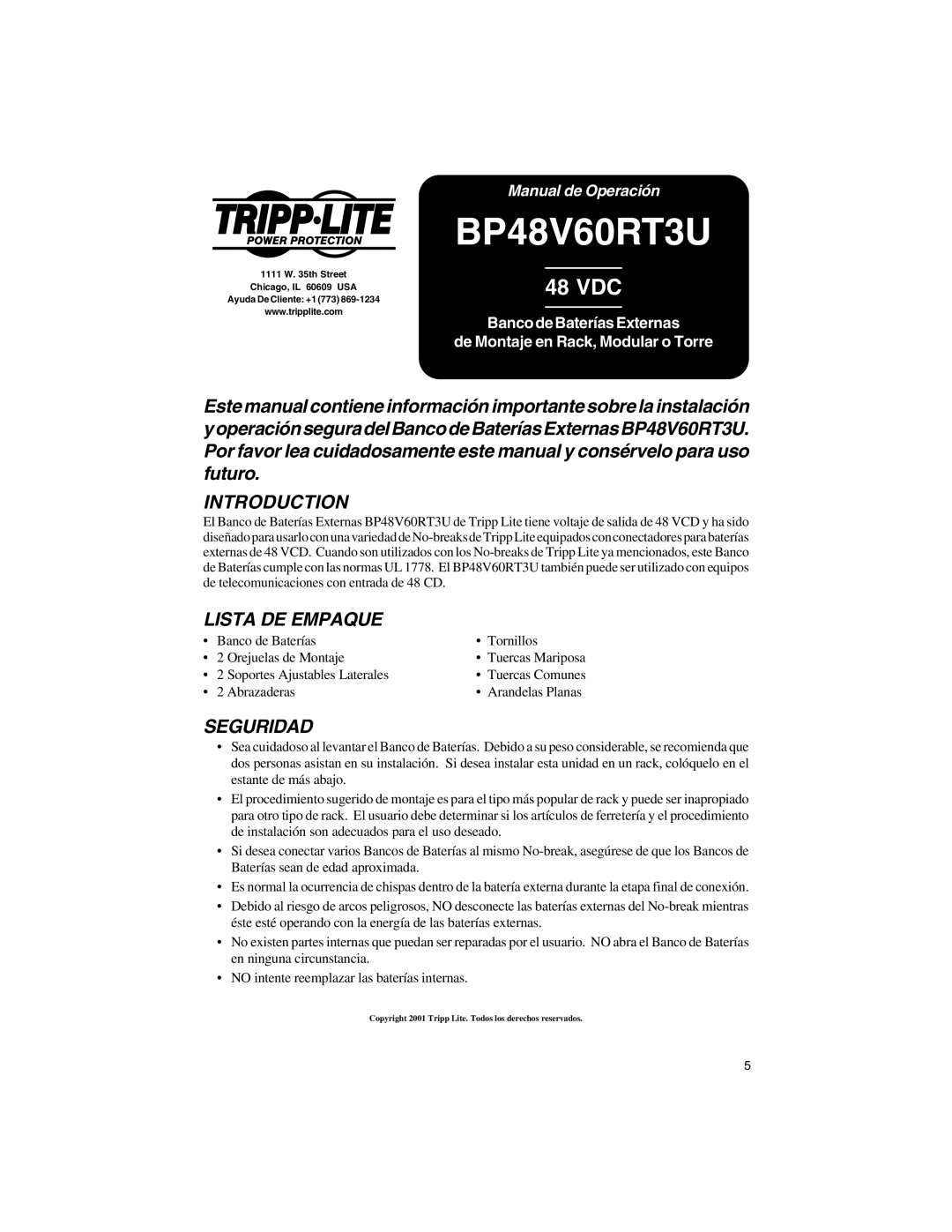 Tripp Lite BP48V60RT3U owner manual Lista DE Empaque, Seguridad 