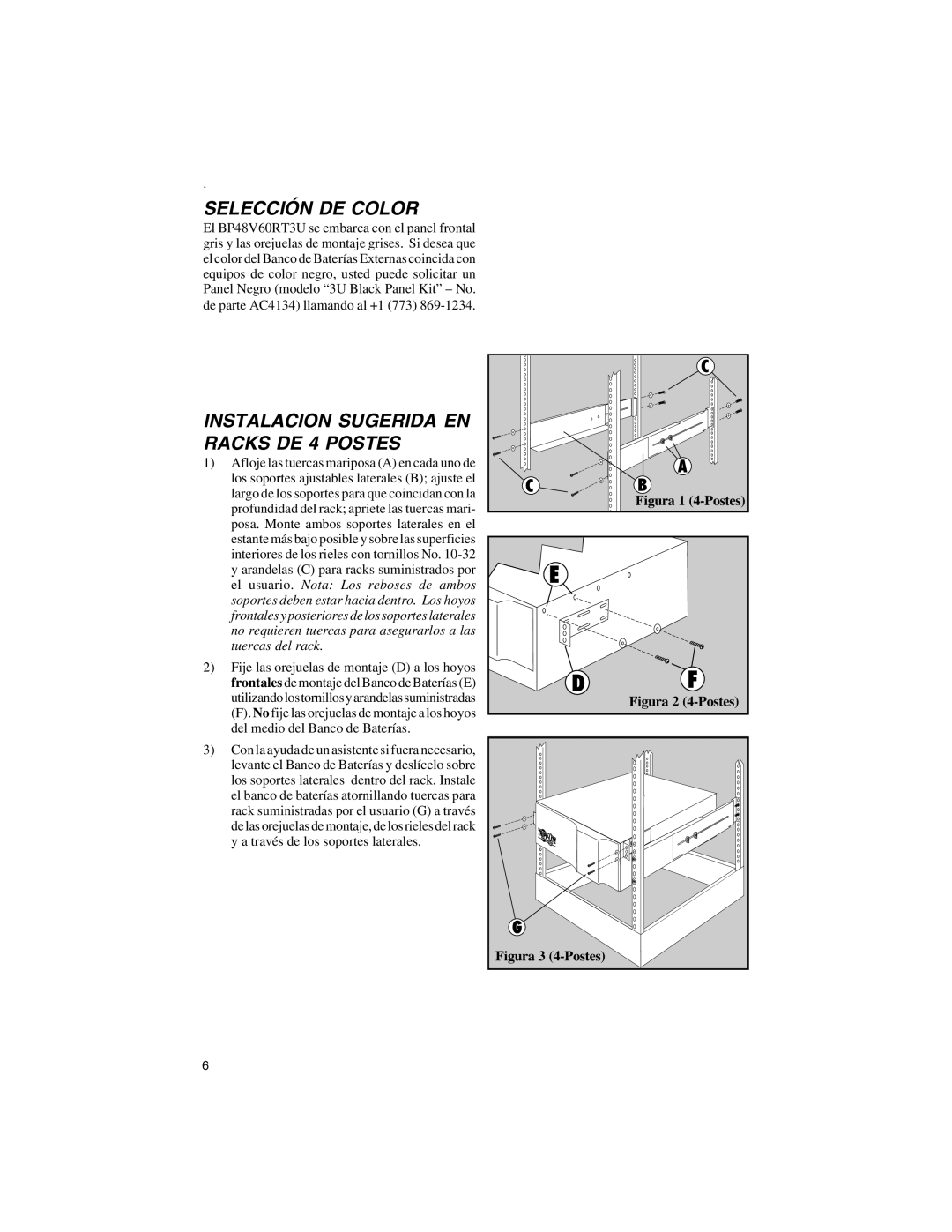 Tripp Lite BP48V60RT3U owner manual Selección DE Color, Instalacion Sugerida EN Racks DE 4 Postes 