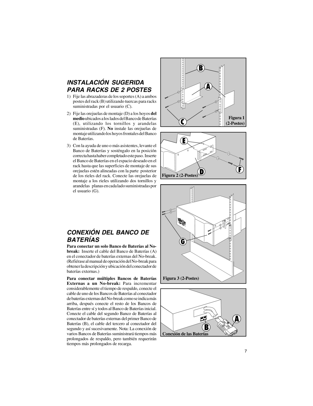 Tripp Lite BP48V60RT3U owner manual Instalación Sugerida Para Racks DE 2 Postes, Conexión DEL Banco DE Baterías 