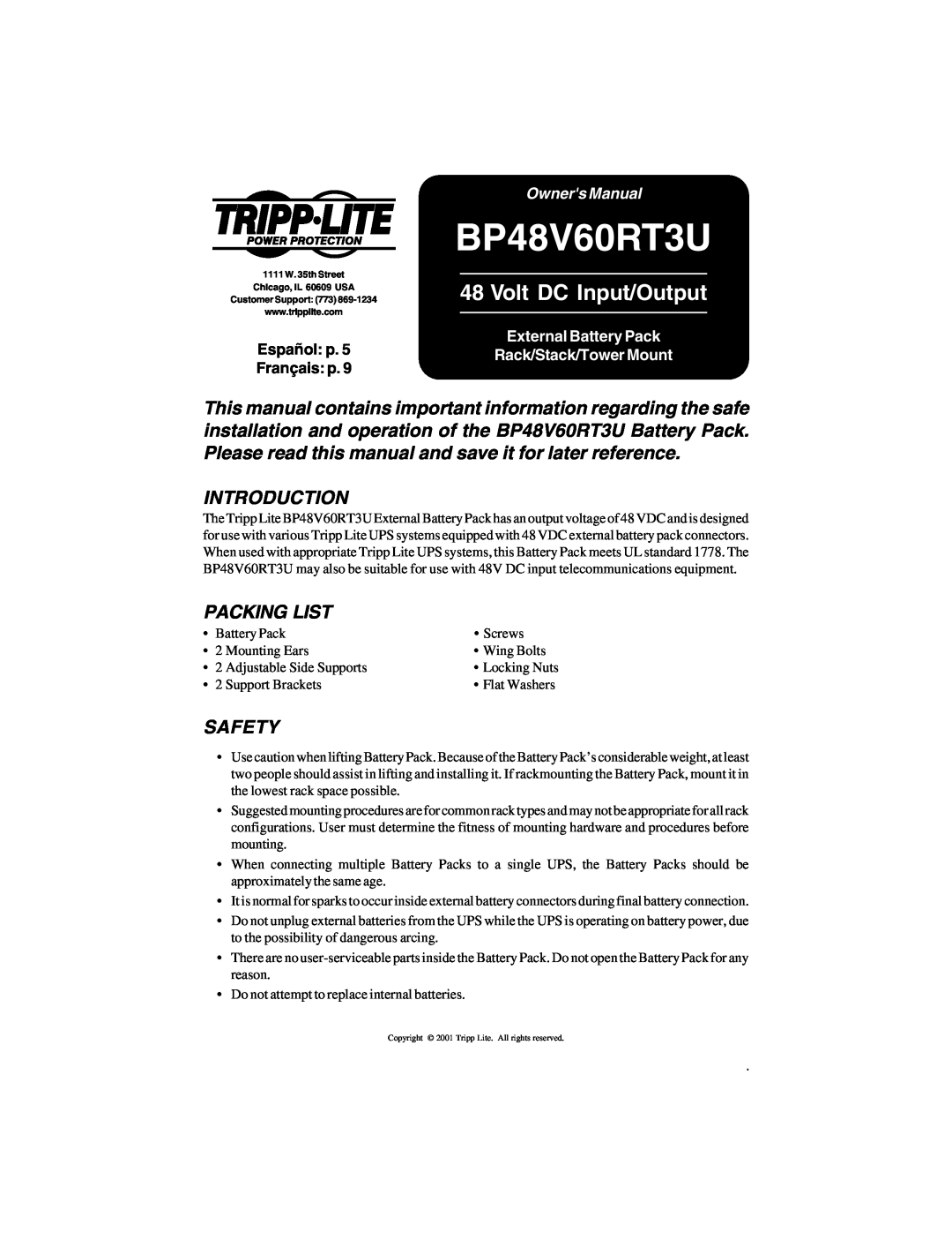 Tripp Lite BP48V60RT3U owner manual Introduction, Packing List, Safety, Owners Manual, Français p, Volt DC Input/Output 