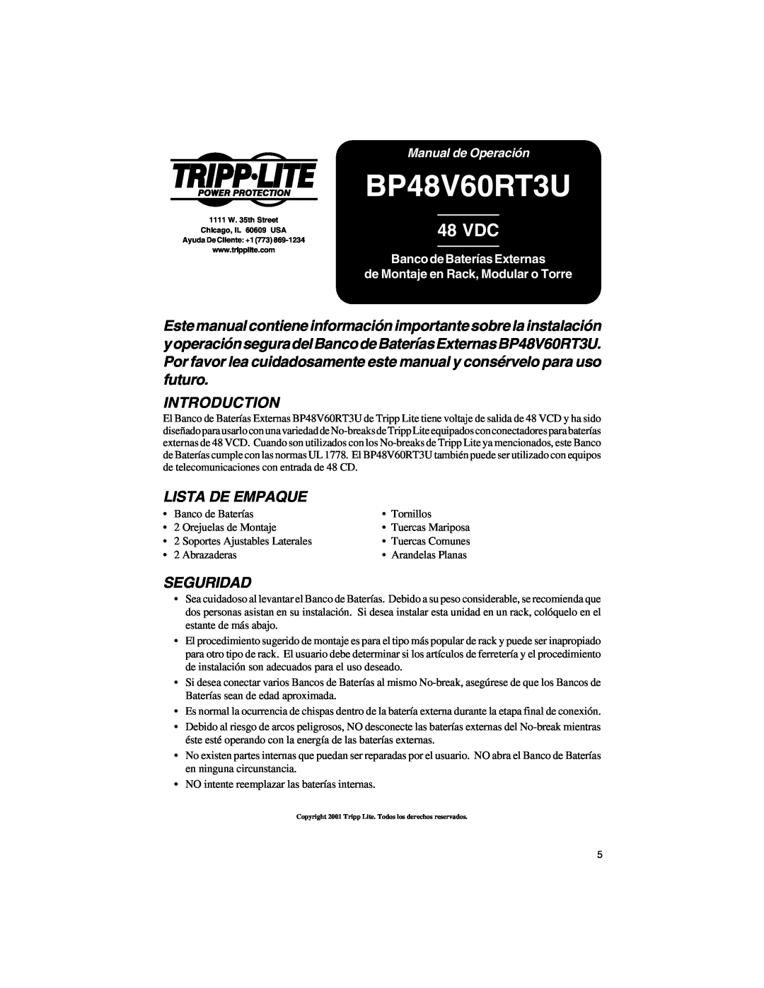 Tripp Lite BP48V60RT3U owner manual 48 VDC, Lista De Empaque, Seguridad, Manual de Operación, Introduction 