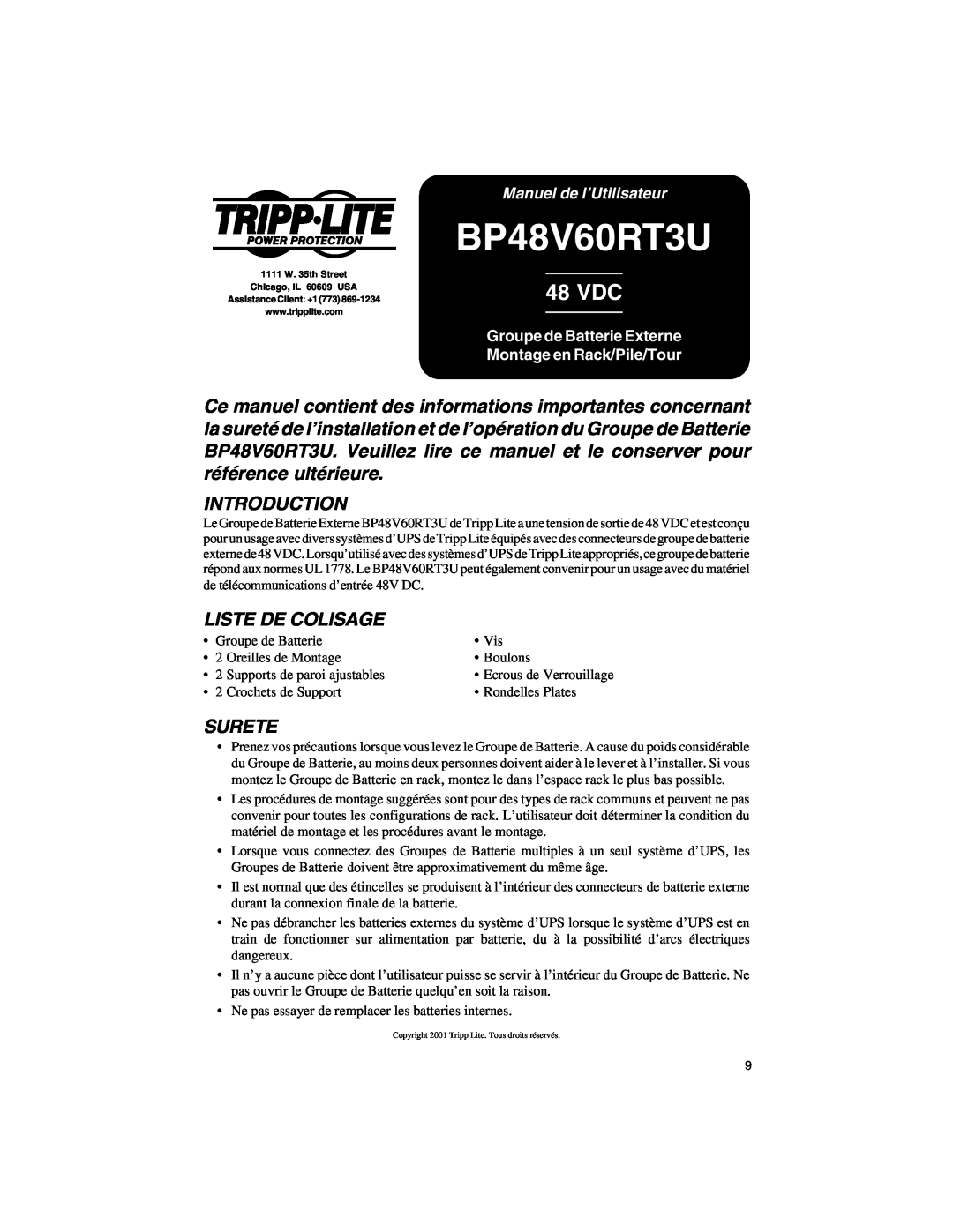 Tripp Lite BP48V60RT3U owner manual Liste De Colisage, Surete, Manuel de l’Utilisateur, 48 VDC, Introduction 