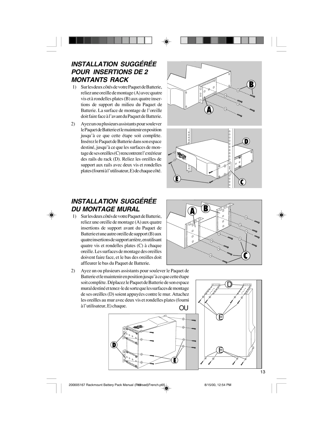 Tripp Lite BP36V142U, BP72V122U, BP48V242U owner manual Installation Suggérée DU Montage Mural, ’utilisateur, E chaque 