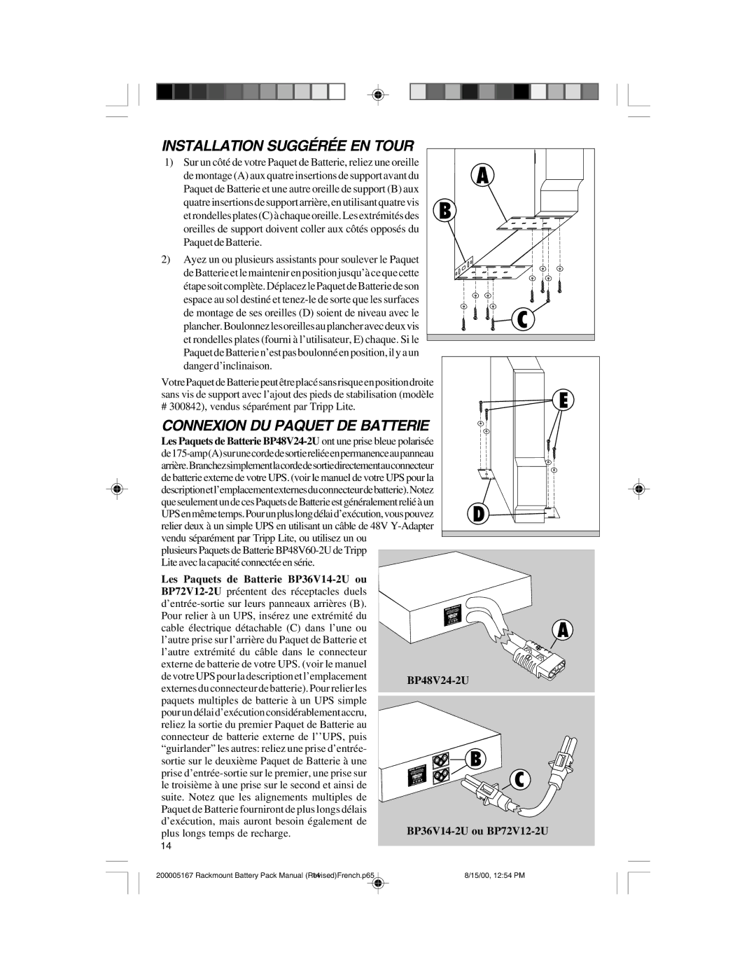 Tripp Lite BP48V242U, BP72V122U, BP36V142U owner manual Installation Suggérée EN Tour, Connexion DU Paquet DE Batterie 