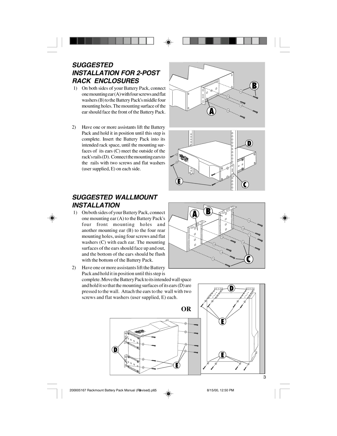 Tripp Lite BP72V122U, BP36V142U Suggested Wallmount Installation, Suggested Installation for 2-POST Rack Enclosures 