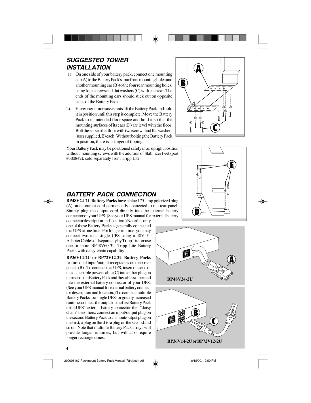 Tripp Lite BP36V142U, BP72V122U, BP48V242U owner manual Suggested Tower Installation, Battery Pack Connection 