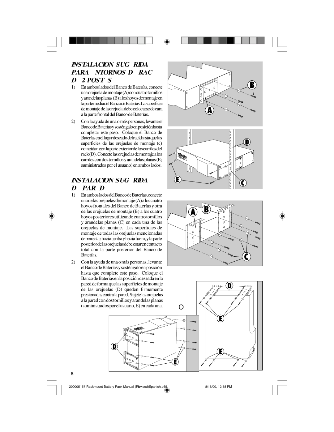 Tripp Lite BP48V242U, BP72V122U Instalacion Sugerida Para Entornos DE Rack DE 2 Postes, Instalacion Sugerida DE Pared 