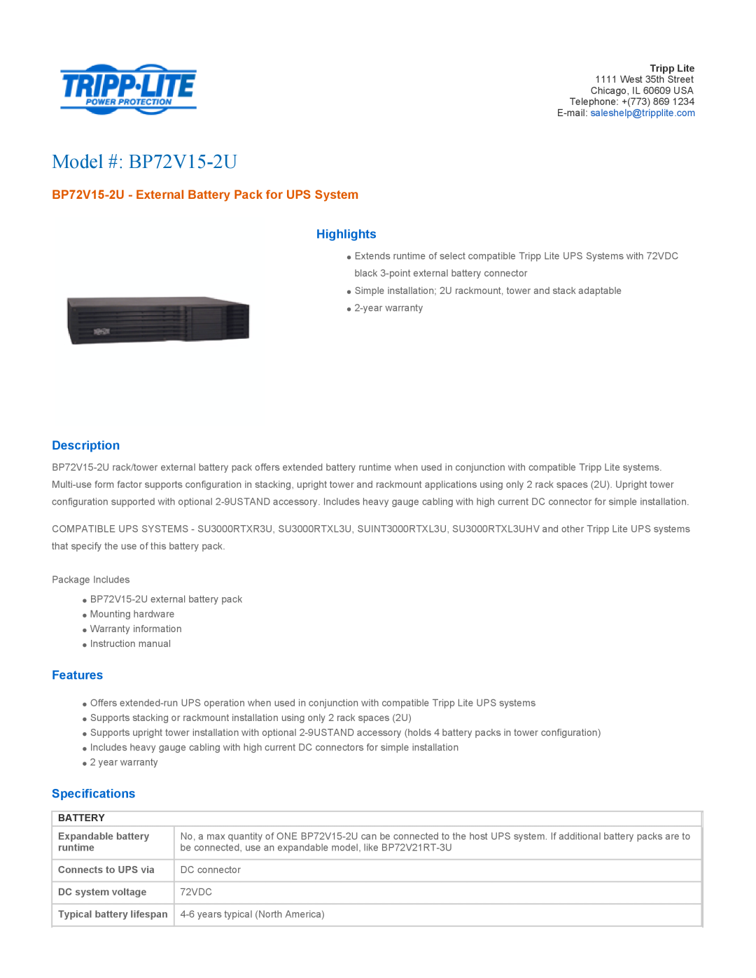 Tripp Lite specifications Highlights, Description, Features, Specifications, Battery, Model # BP72V15-2U 