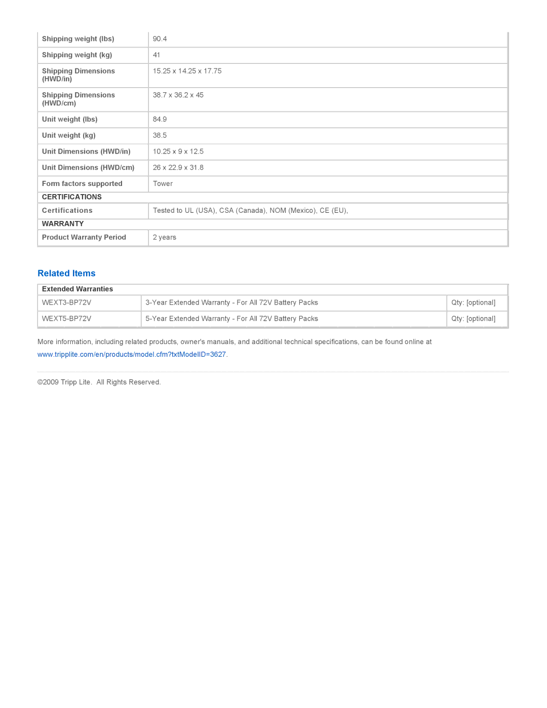 Tripp Lite BP72V18 specifications Related Items, Certifications, Warranty 