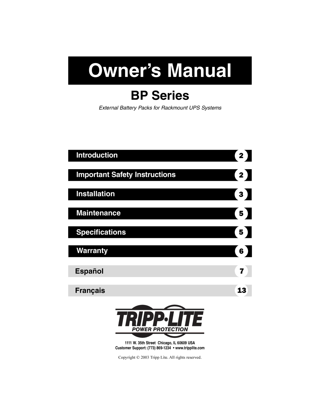 Tripp Lite BP48V75-6U, BP72V21RT3U, BP36V13, BP36V18-2U, BP24V14, BP48V18 owner manual BP Series 