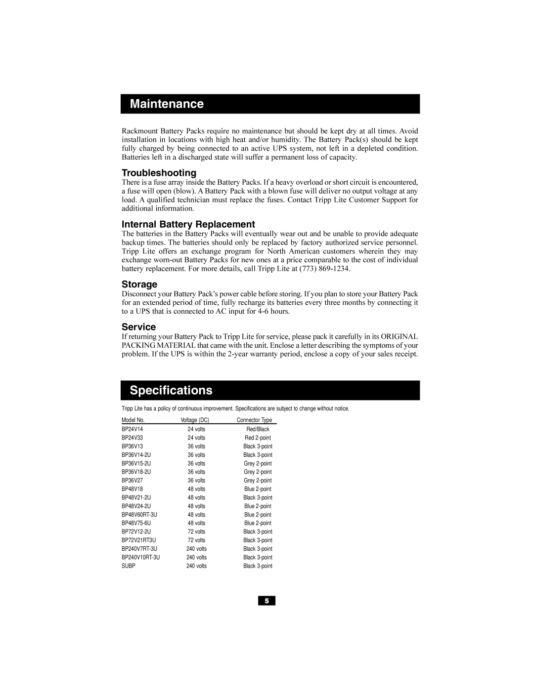 Tripp Lite BP48V18, BP72V21RT3U, BP48V75-6U, BP36V13, BP24V14 Troubleshooting, Internal Battery Replacement, Storage, Service 