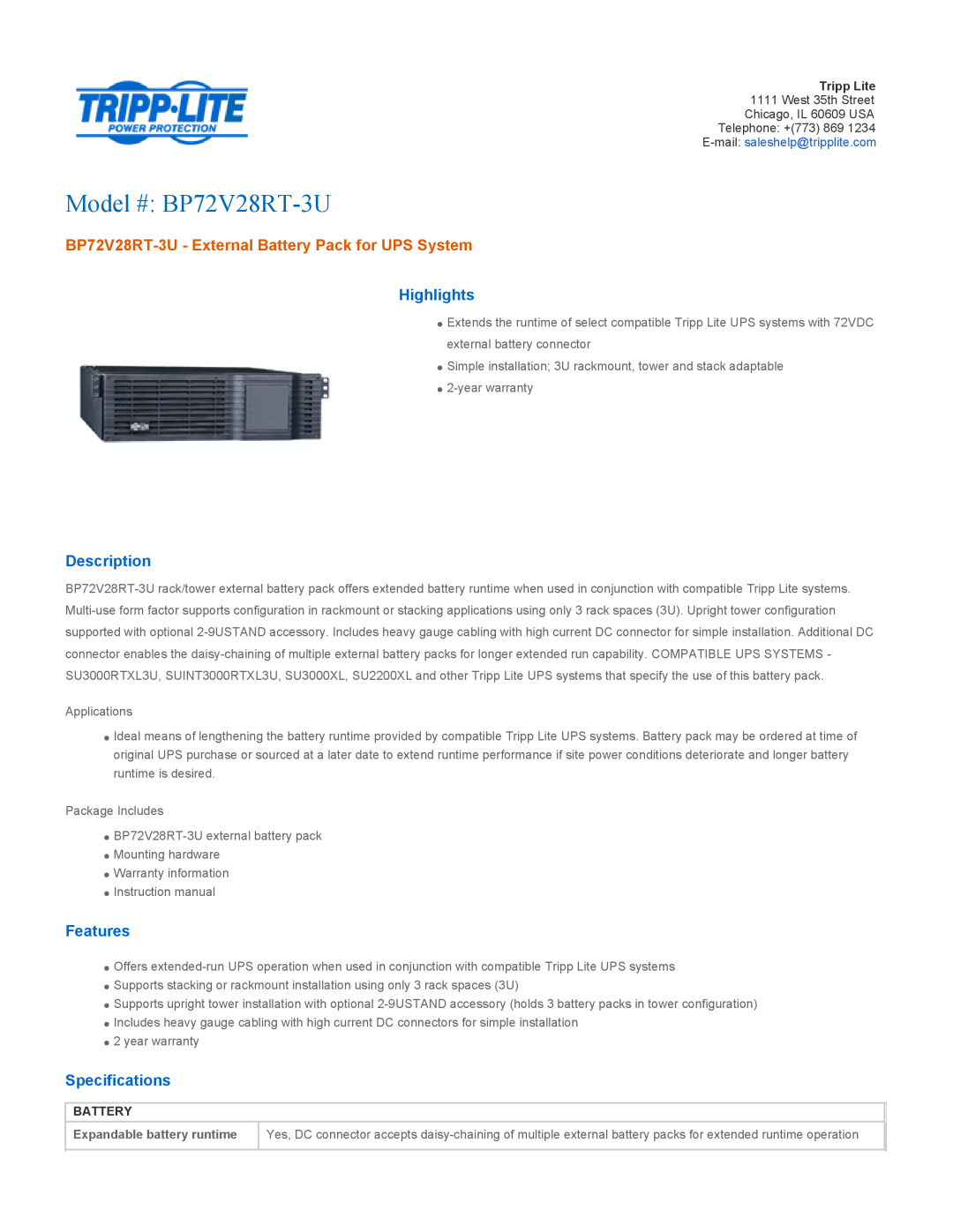 Tripp Lite specifications Highlights, Description, Features, Specifications, Battery, Model # BP72V28RT-3U 