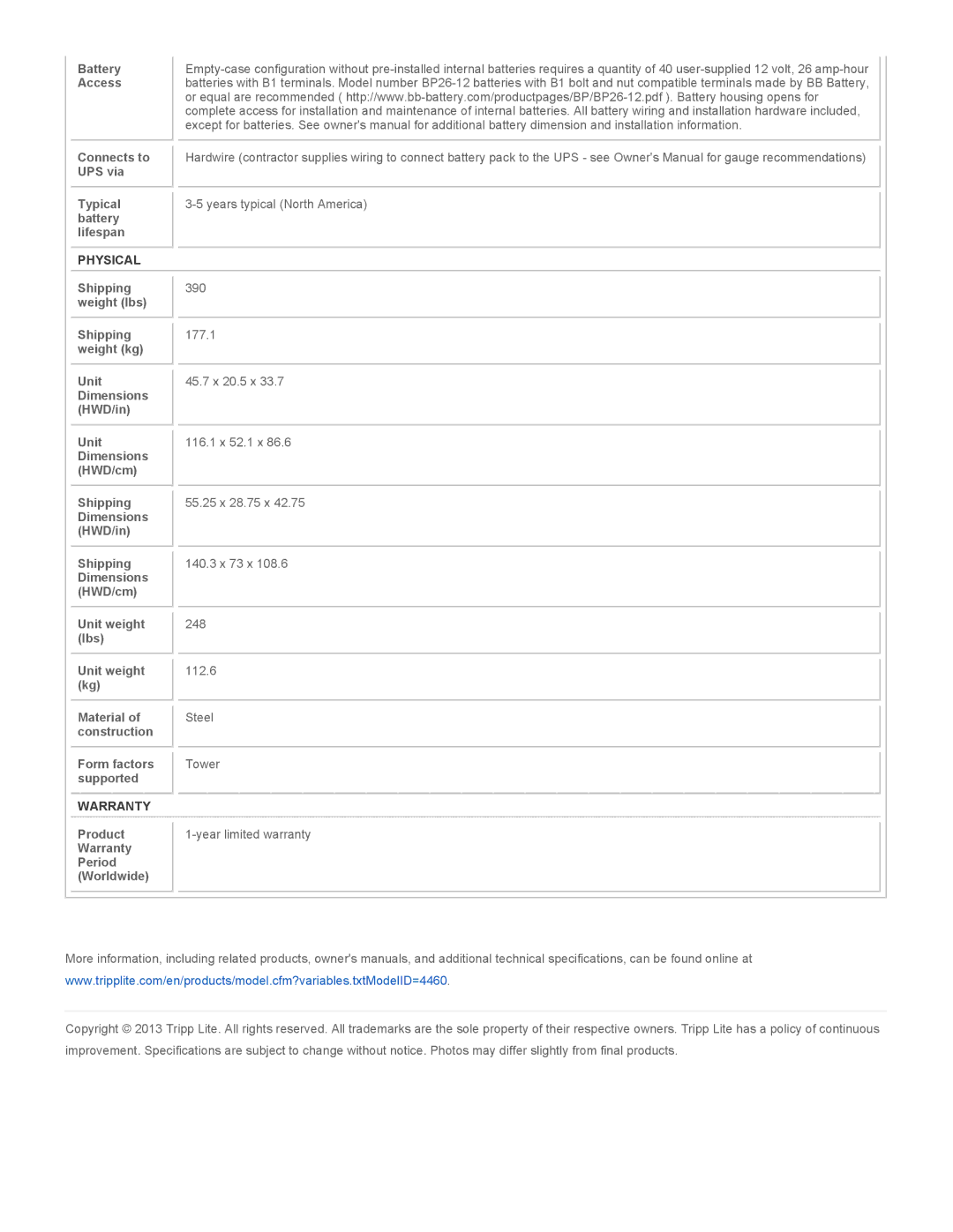 Tripp Lite BPE480VB specifications Battery Access Connects to UPS via Typical battery lifespan, Physical, Warranty, Product 