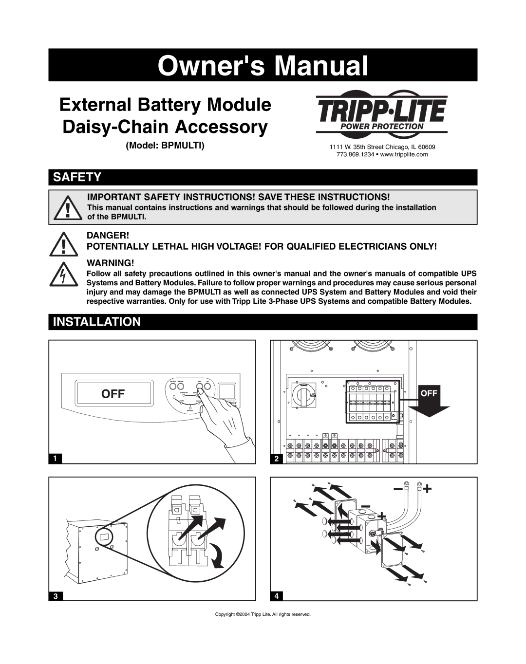 Tripp Lite BPMULTI owner manual External Battery Module Daisy-Chain Accessory, Safety, Installation 