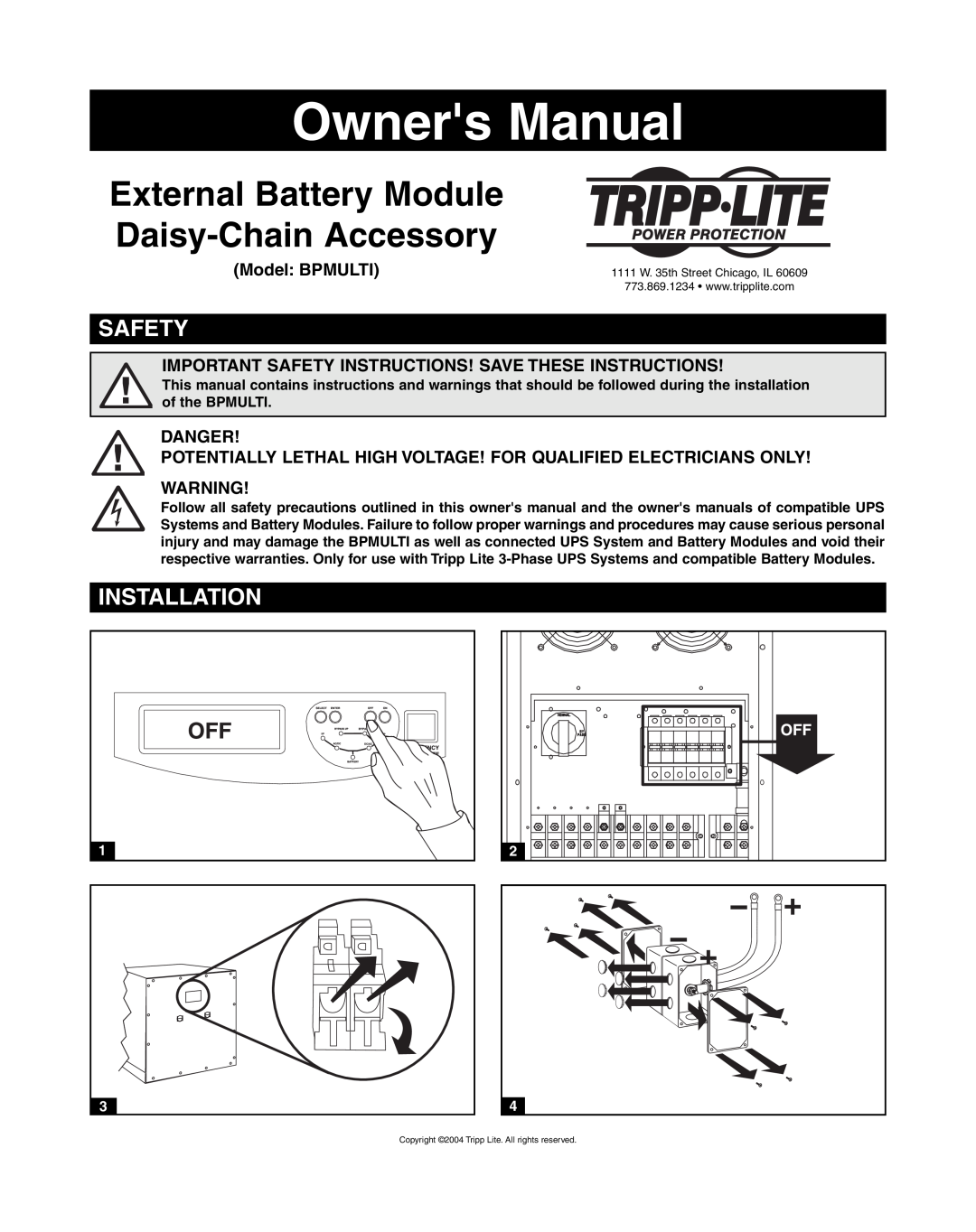 Tripp Lite owner manual Safety, Installation, External Battery Module Daisy-Chain Accessory, Model BPMULTI, Danger 