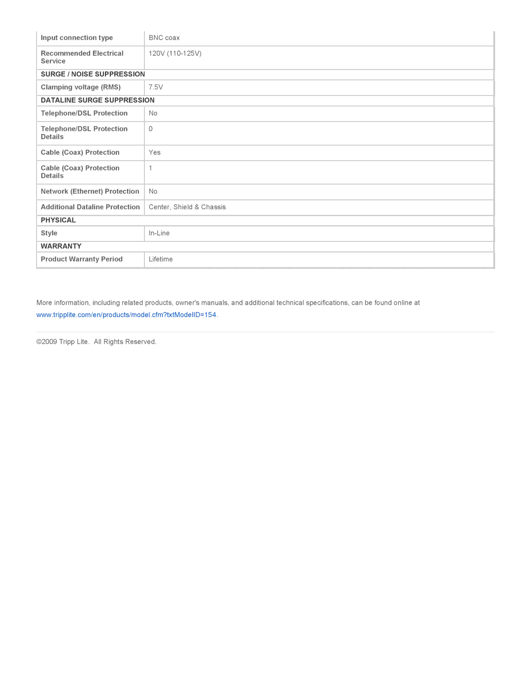 Tripp Lite D10B2 specifications Surge / Noise Suppression, Dataline Surge Suppression, Physical, Warranty 