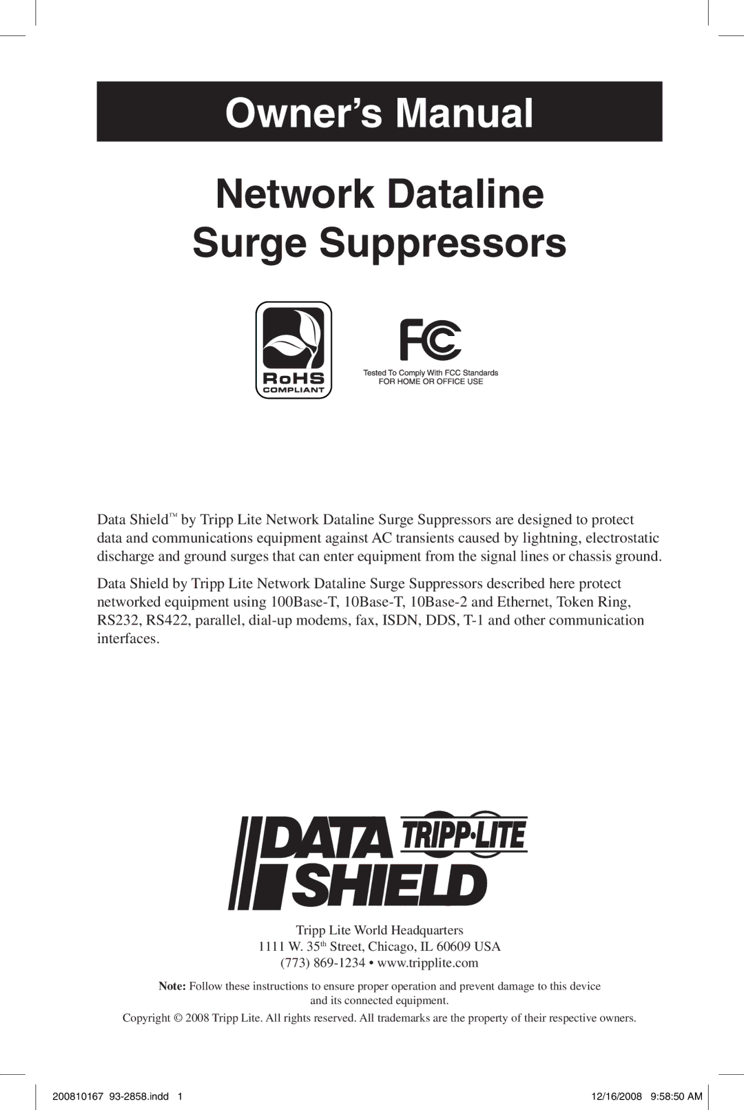 Tripp Lite Data Shield owner manual Network Dataline Surge Suppressors 