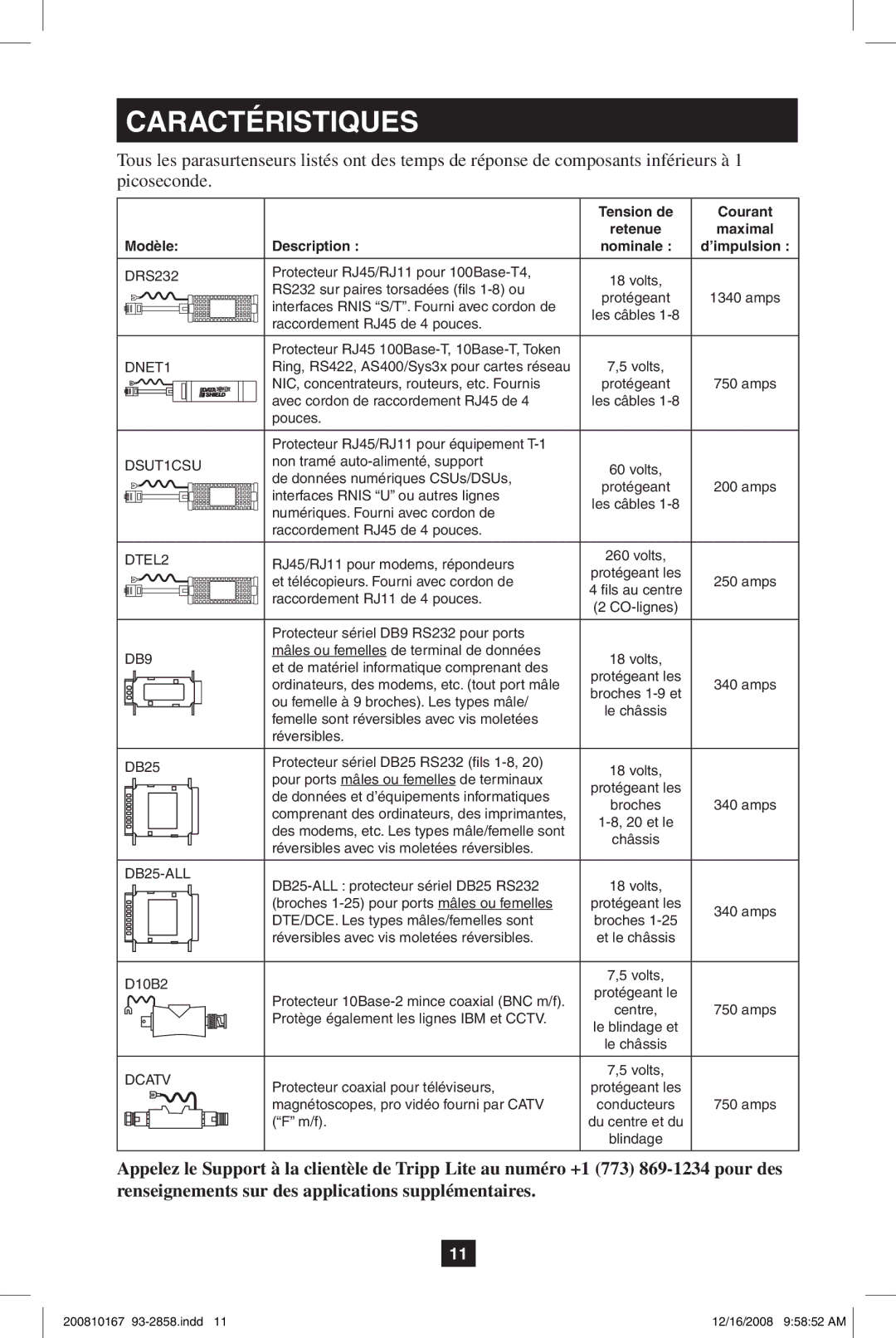 Tripp Lite Data Shield owner manual Caractéristiques, Modèle Description 