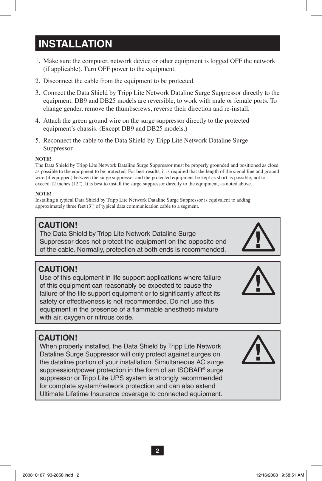 Tripp Lite Data Shield owner manual Installation 