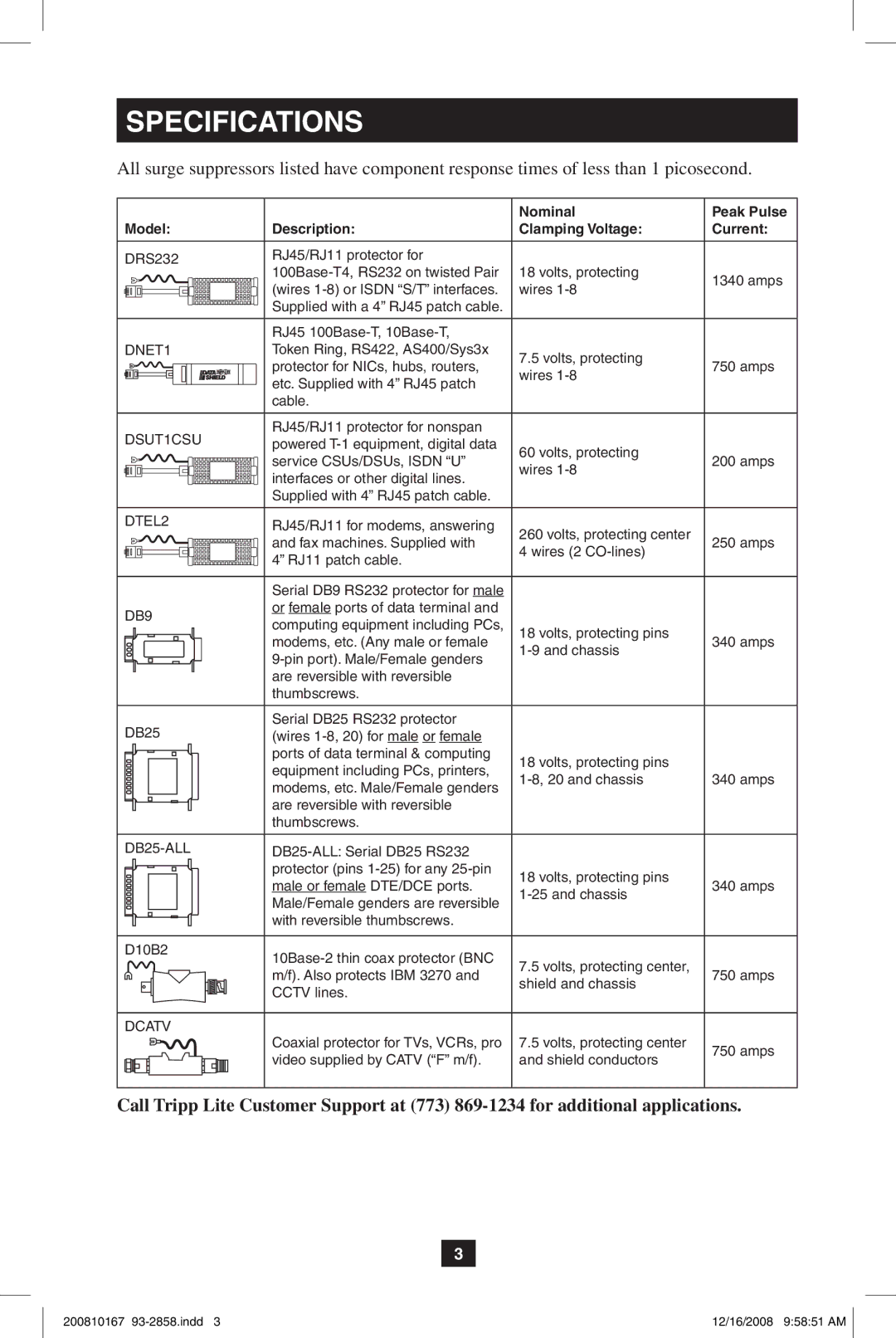 Tripp Lite Data Shield owner manual Specifications 