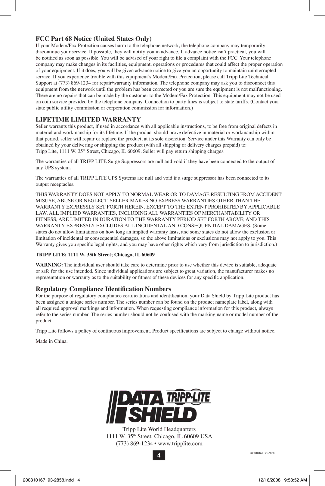 Tripp Lite Data Shield owner manual FCC Part 68 Notice United States Only, Regulatory Compliance Identification Numbers 