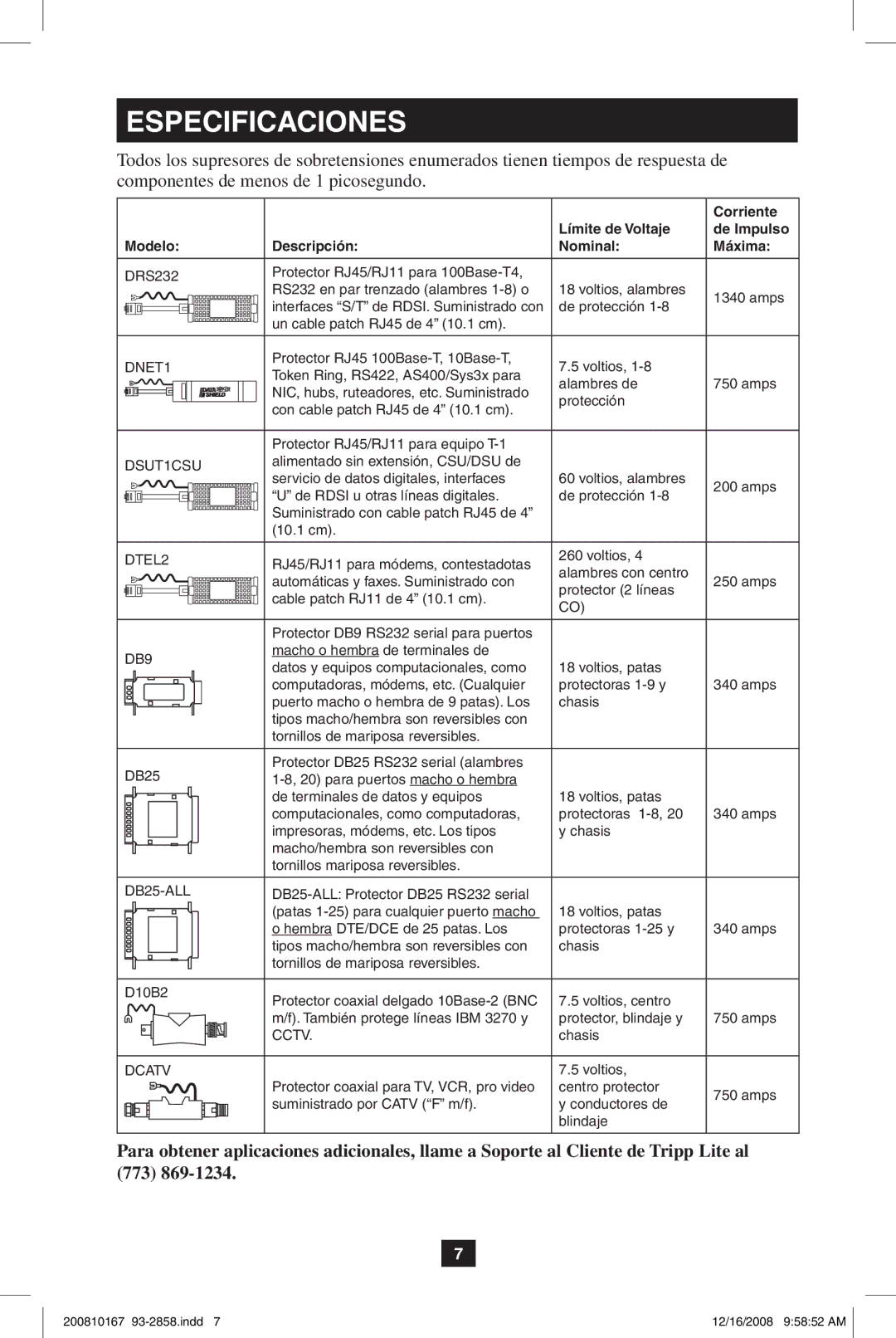 Tripp Lite Data Shield owner manual Especificaciones, Modelo Descripción Nominal Máxima 