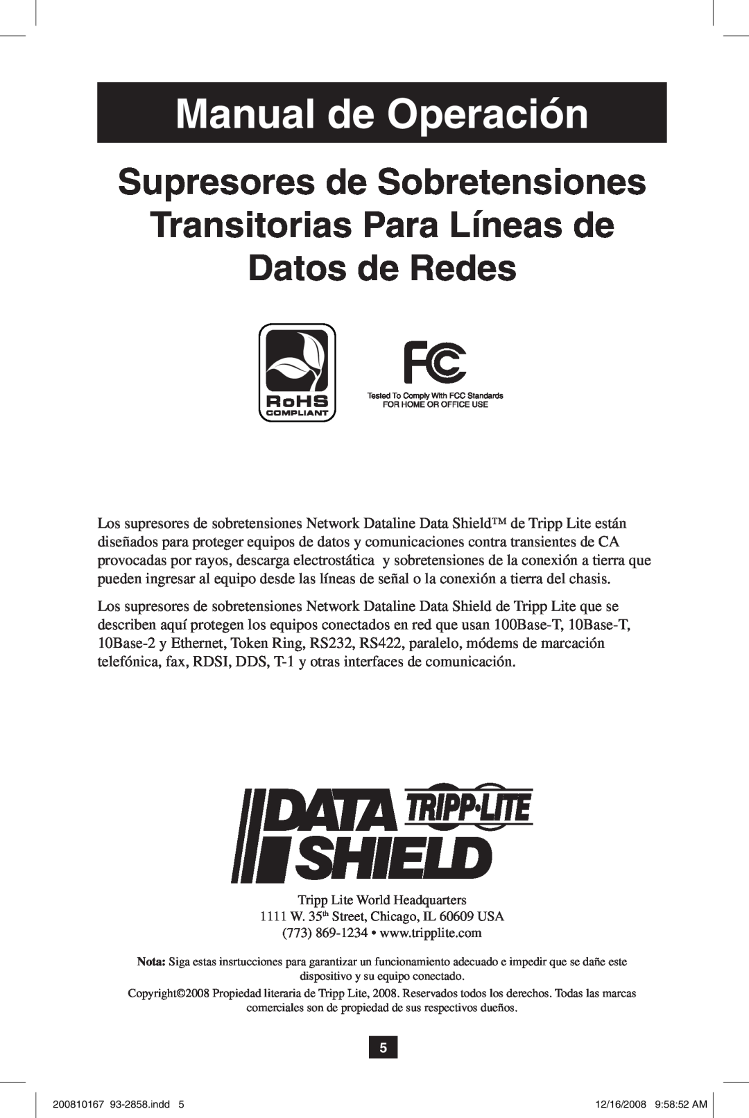 Tripp Lite Data Shield Manual de Operación, Supresores de Sobretensiones Transitorias Para Líneas de, Datos de Redes 