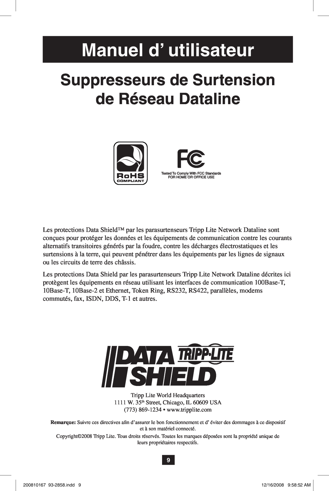 Tripp Lite Data Shield owner manual Manuel d’ utilisateur, Suppresseurs de Surtension de Réseau Dataline 