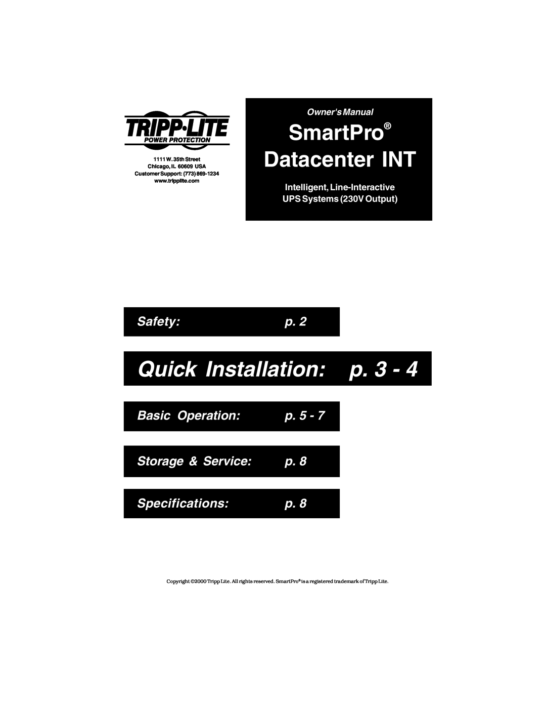 Tripp Lite specifications SmartPro Datacenter INT, Quick Installation p, Safety, Basic Operation, p. 5, Specifications 