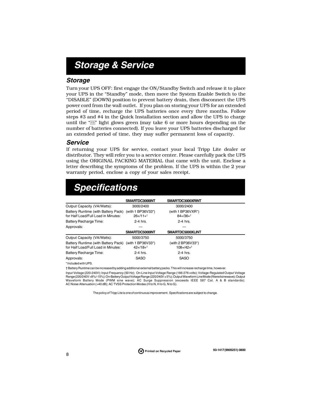 Tripp Lite Datacenter INT specifications Storage & Service, Specifications 