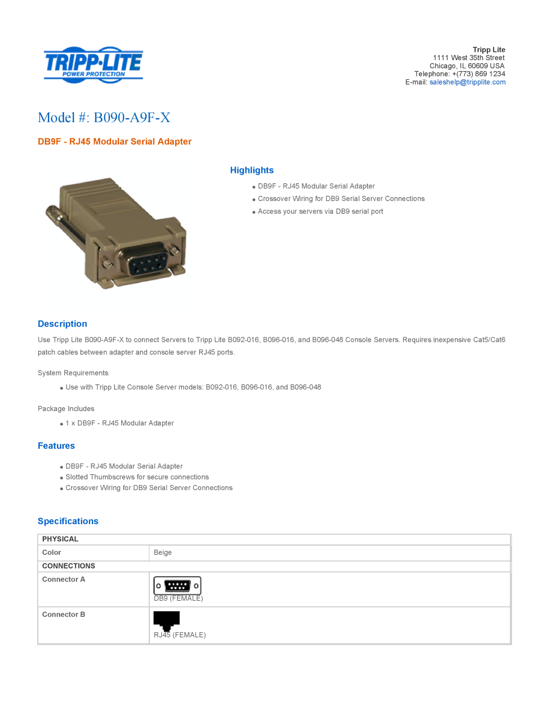 Tripp Lite specifications Model # B090-A9F-X, DB9F RJ45 Modular Serial Adapter 