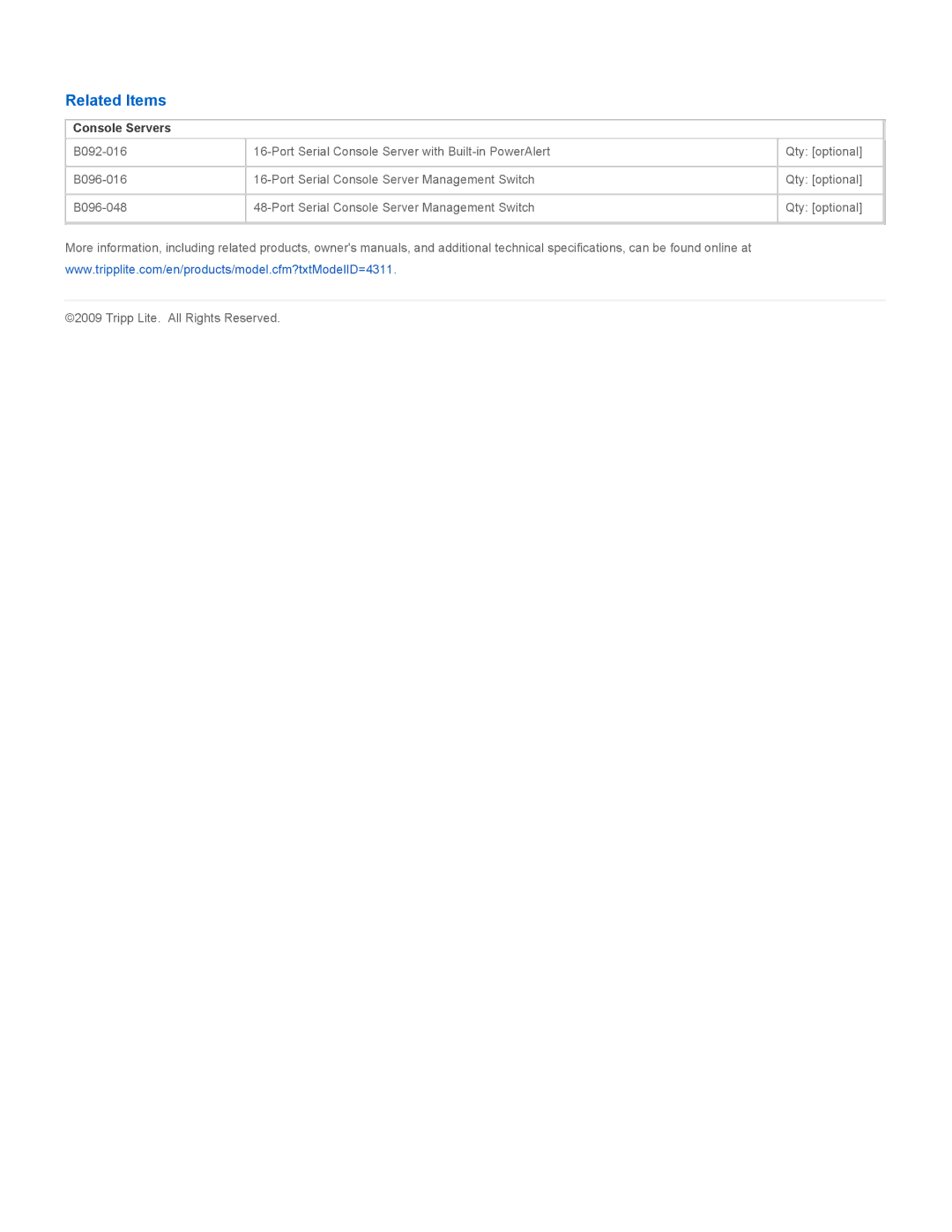 Tripp Lite DB9F, B090-A9F-X specifications Related Items, Console Servers 