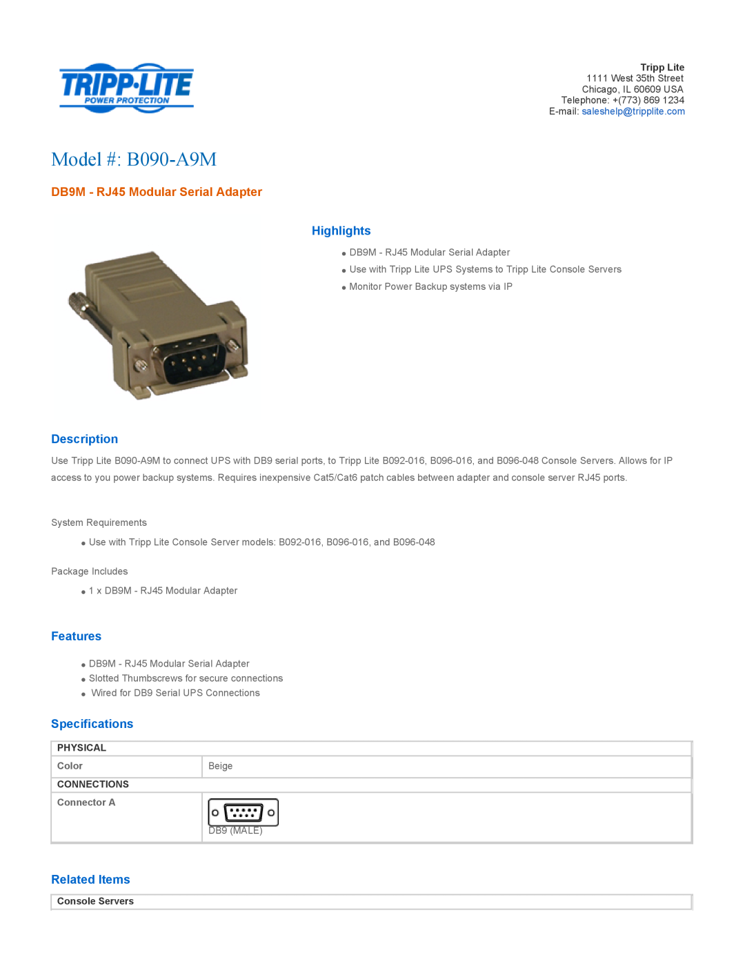 Tripp Lite specifications Model # B090-A9M, DB9M - RJ45 Modular Serial Adapter, Highlights, Description, Features 
