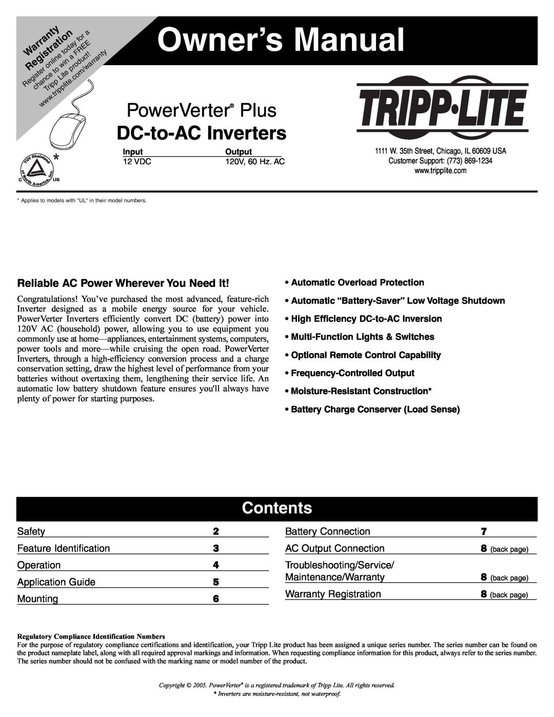 Tripp Lite DC-to-AC Inverter owner manual Contents, Reliable AC Power Wherever You Need It, PowerVerter Plus 
